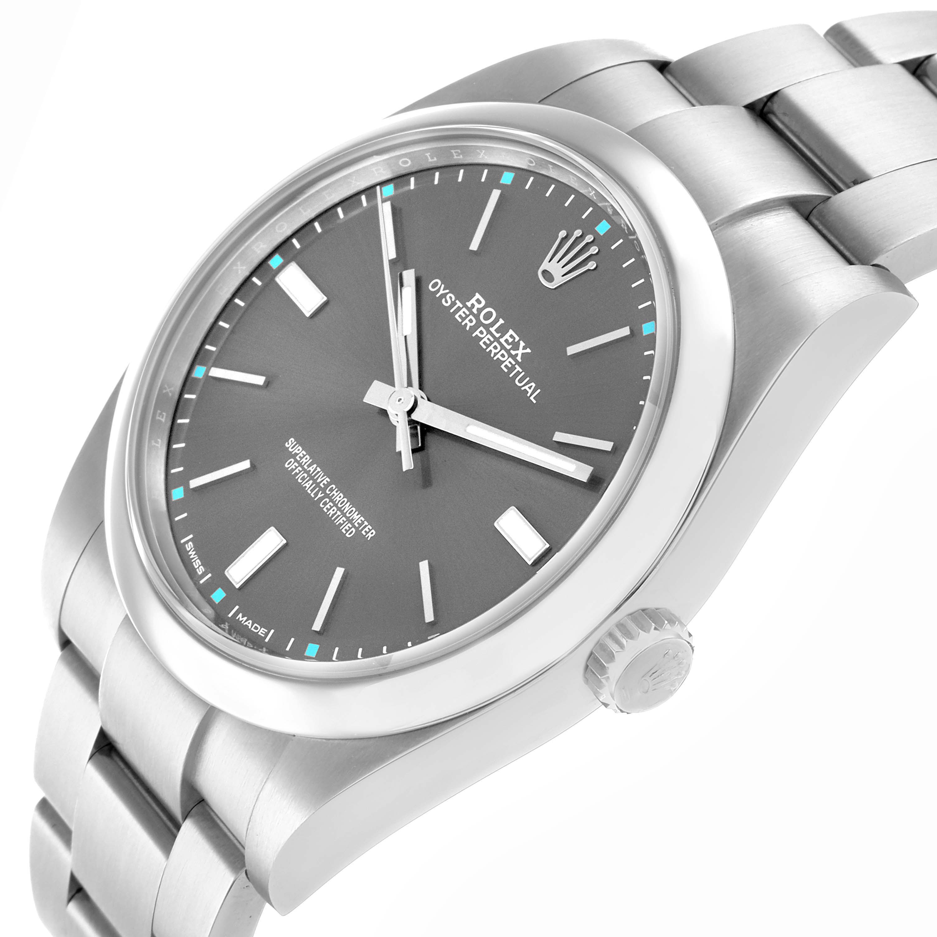 The Rolex Oyster Perpetual 114300 Men's Stainless Steel Grey Dial watch is shown at an angled side view, highlighting the face, crown, and part of the bracelet.