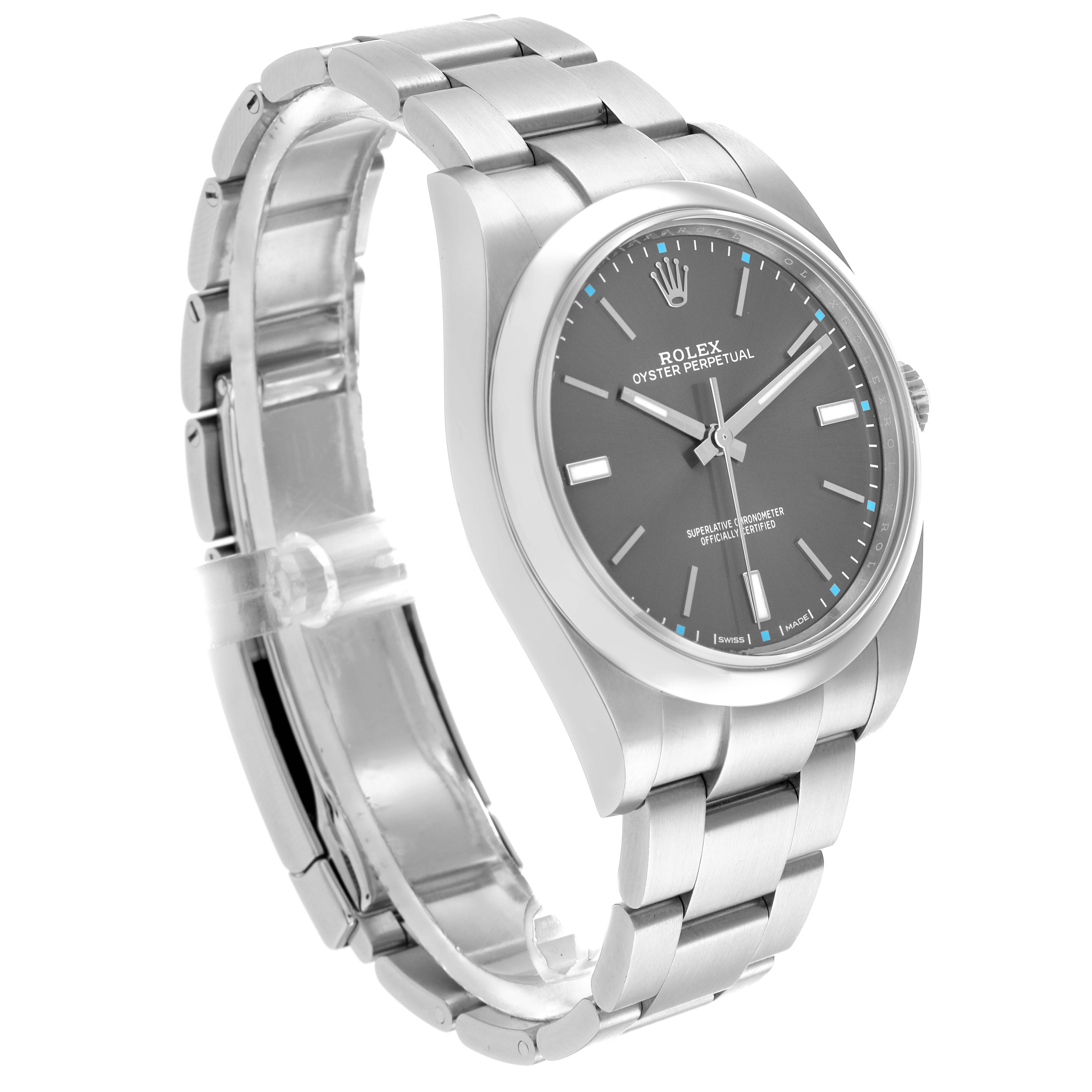 The Rolex Oyster Perpetual 114300 Men's Stainless Steel Grey Dial watch is shown at a three-quarter angle, displaying the dial, bezel, case, and bracelet.
