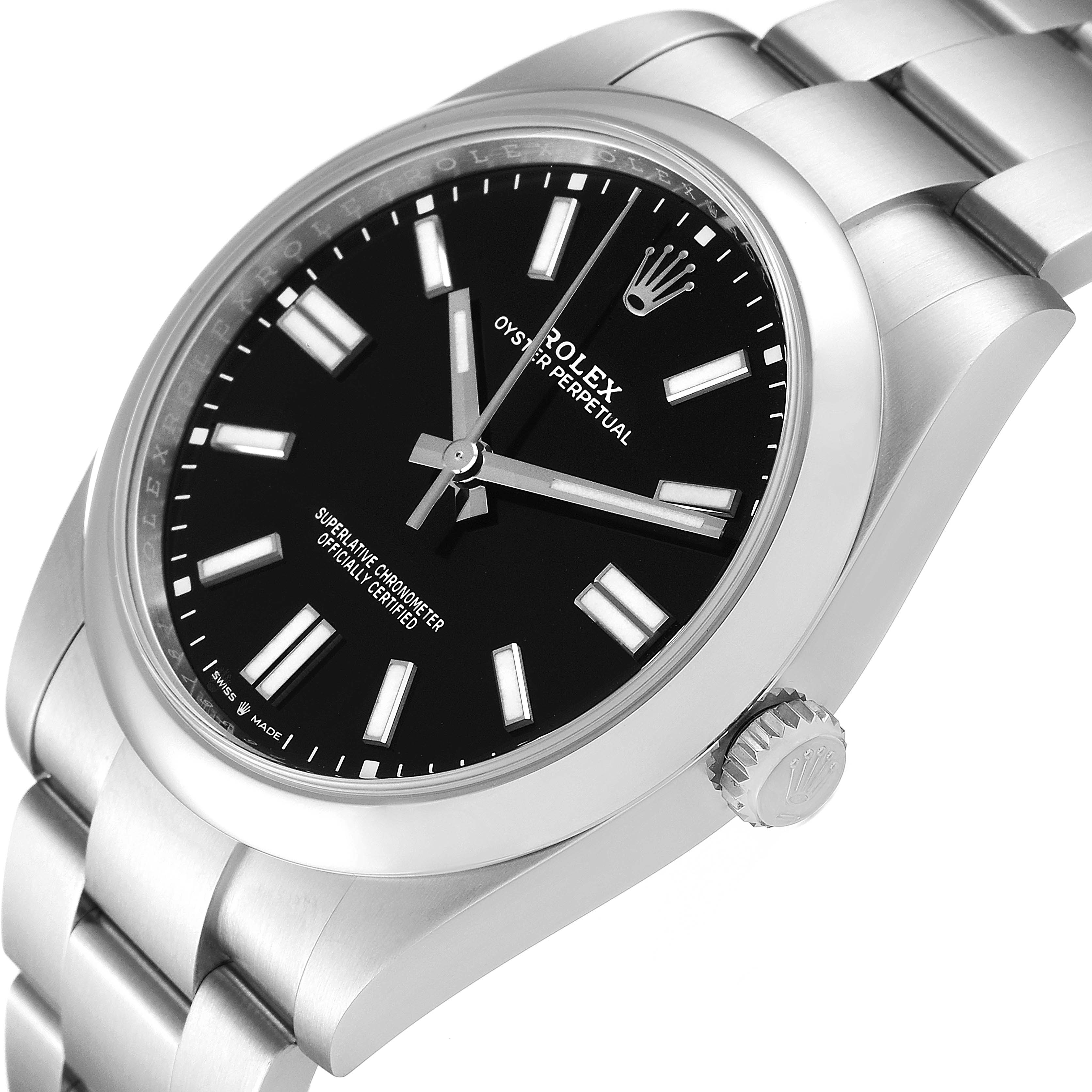 This image shows a close-up of the Rolex Oyster Perpetual 124300 Men
s Stainless Steel Black Dial 124300 Men
s Stainless Steel Black Dial watch face and bracelet at a slight angle, highlighting the crown and dial.