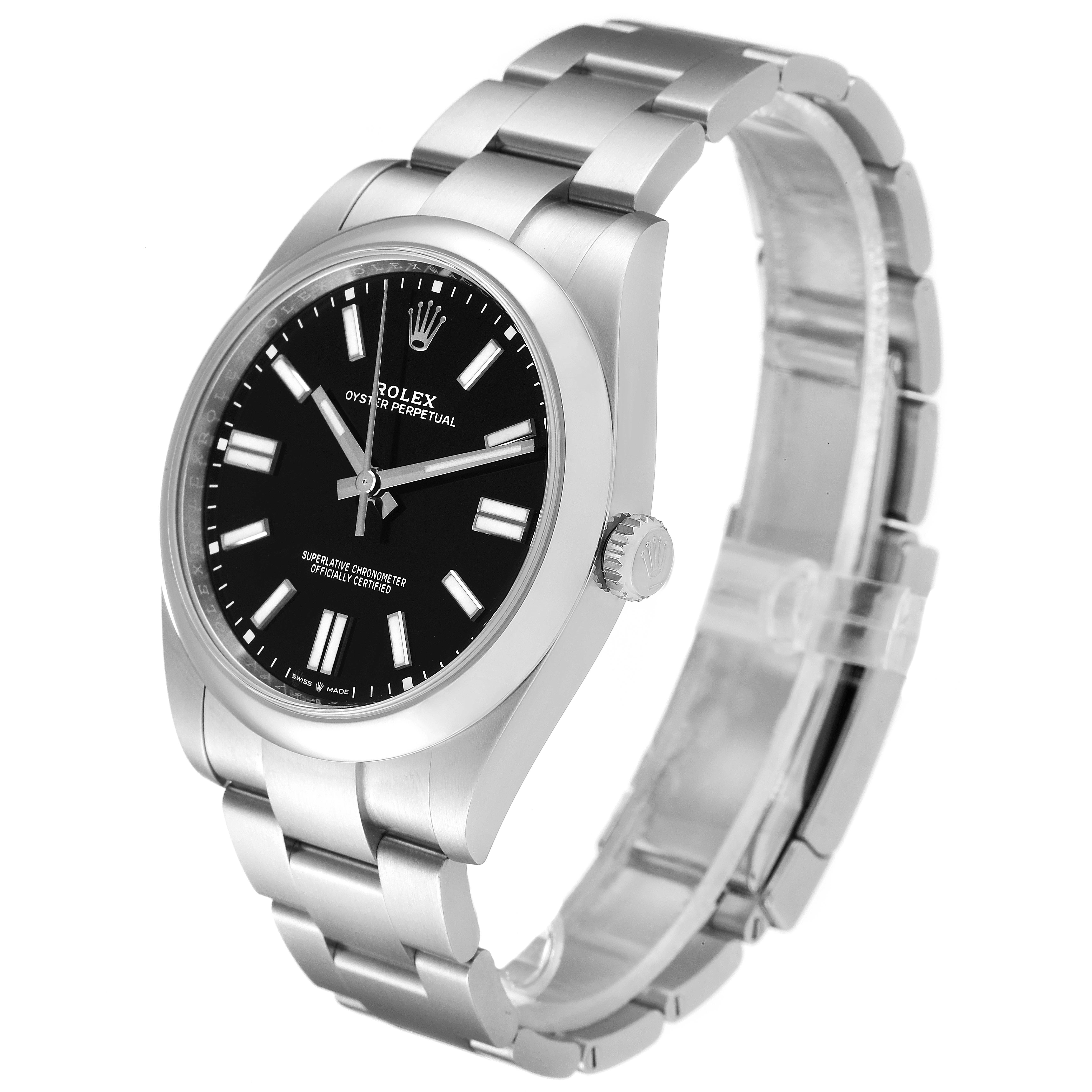 The Rolex Oyster Perpetual 124300 Men
s Stainless Steel Black Dial 124300 Men
s Stainless Steel Black Dial watch is shown at a three-quarter angle, displaying the face, bezel, crown, and bracelet.