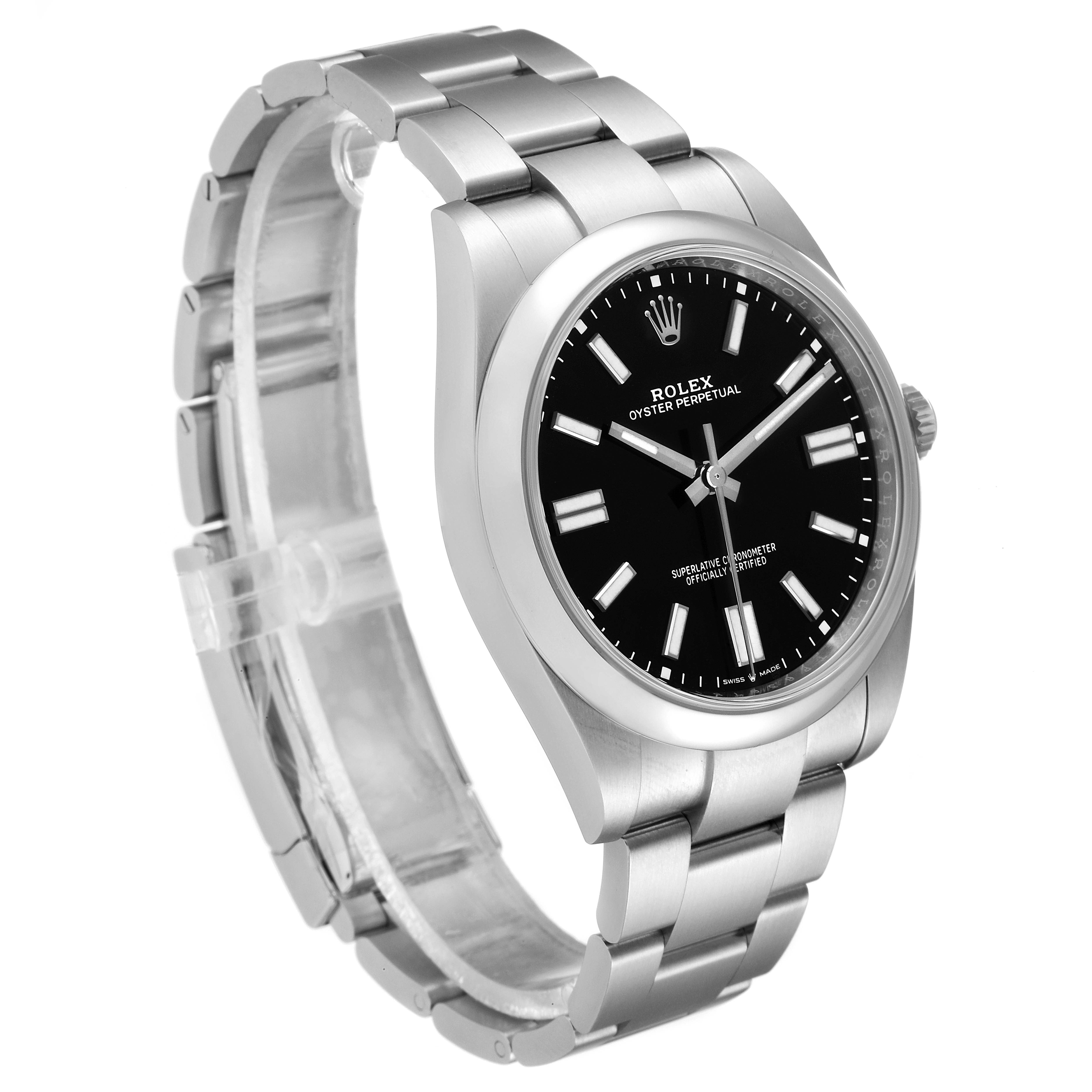 The image shows a front-side angle of the Rolex Oyster Perpetual 124300 Men
s Stainless Steel Black Dial 124300 Men
s Stainless Steel Black Dial watch with a clear view of the face and metal bracelet.