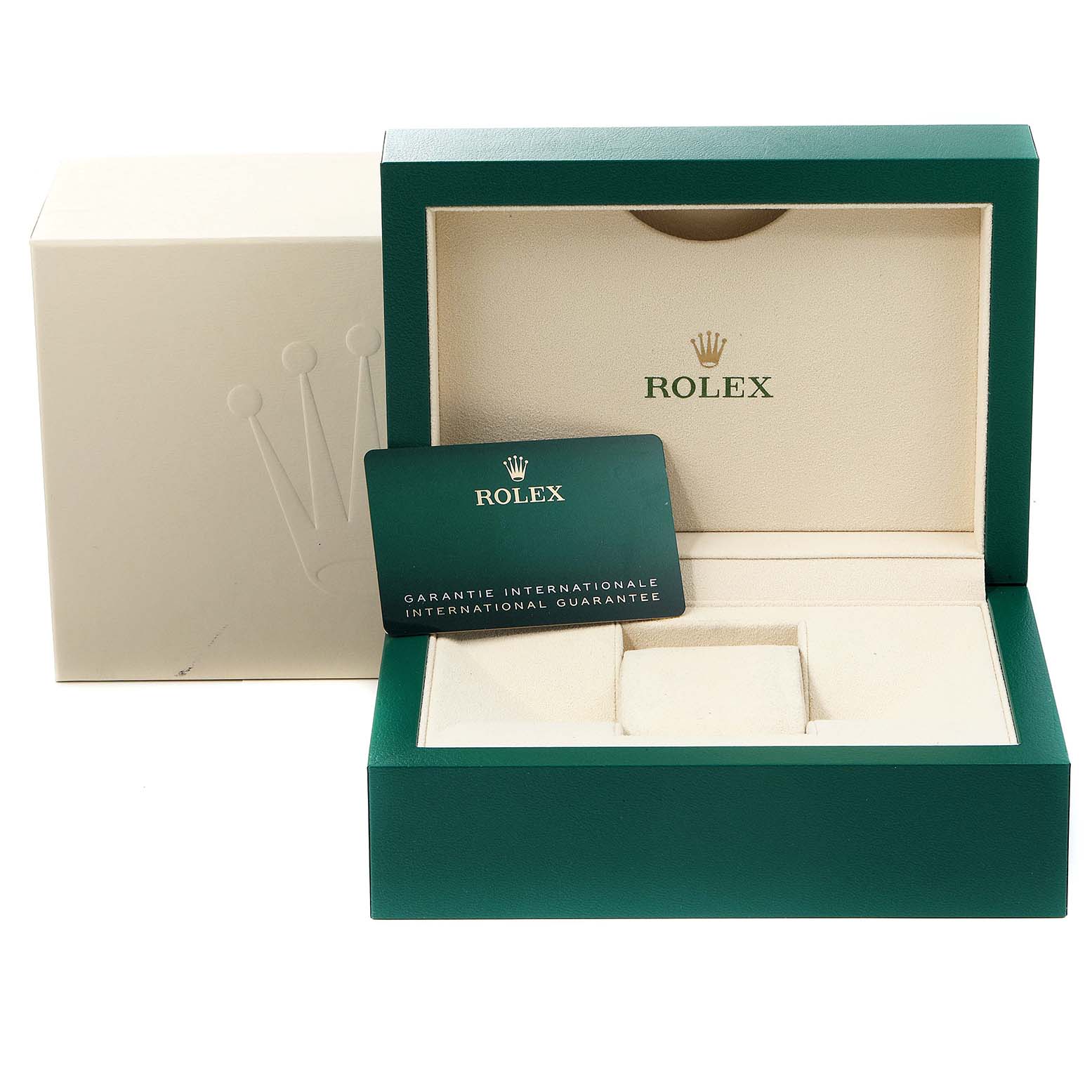 This image shows an open Rolex Oyster Perpetual 124300 Men's Stainless Steel Silver Dial 124300 Men's Stainless Steel Silver Dial watch box with a green international guarantee card placed inside.