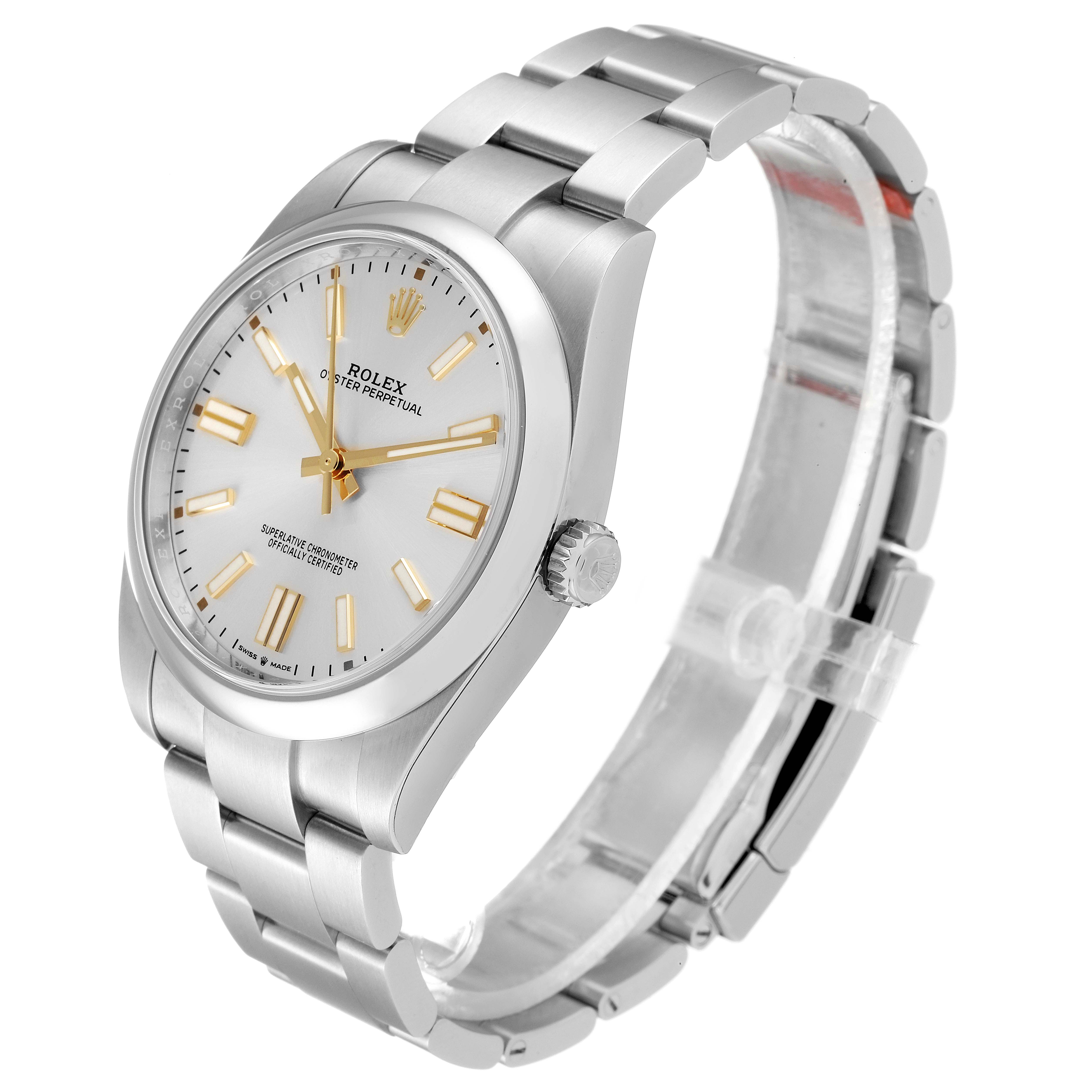 This image shows a side angle of the Rolex Oyster Perpetual 124300 Men's Stainless Steel Silver Dial 124300 Men's Stainless Steel Silver Dial watch, highlighting its dial, bracelet, and crown.