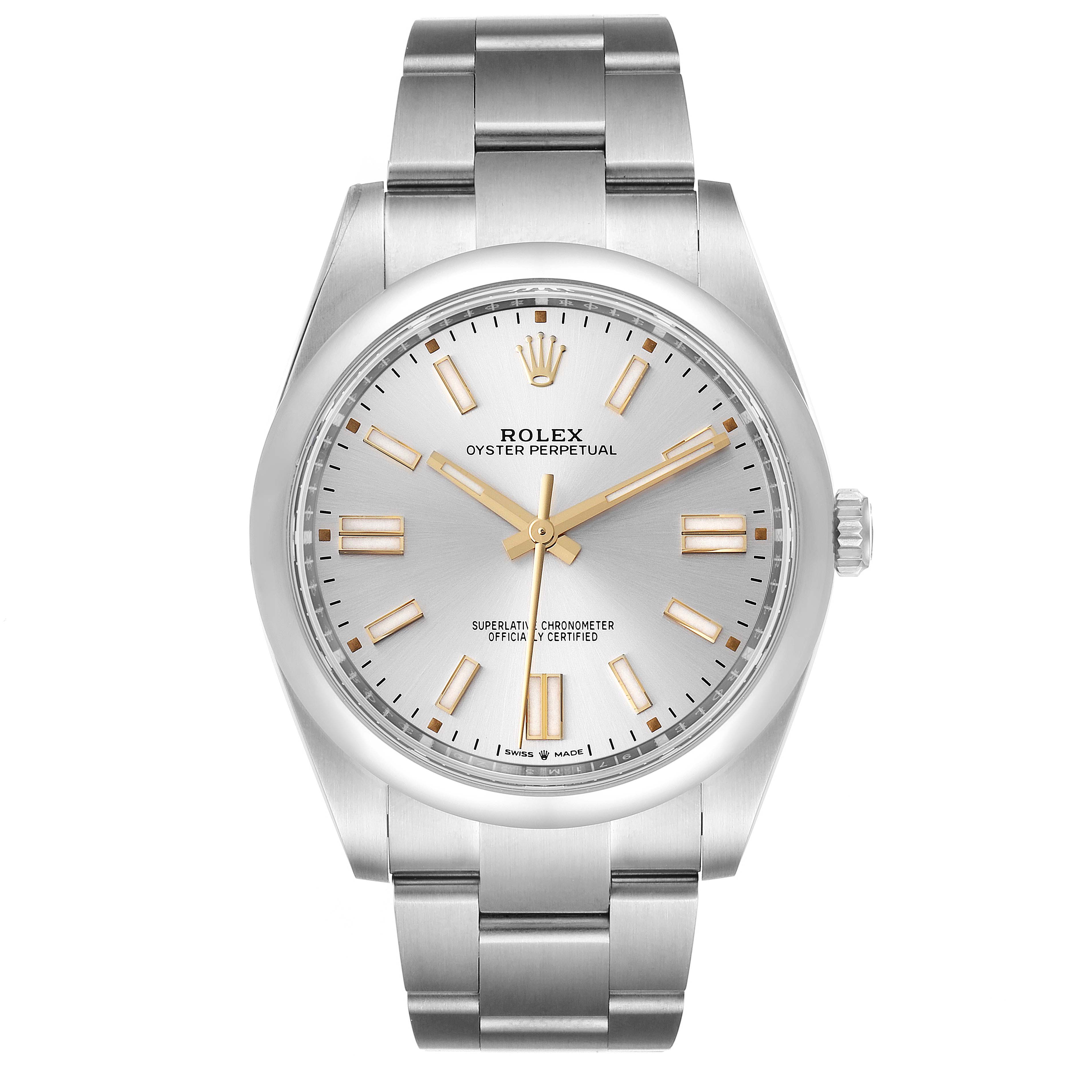 The image shows a front view of the Rolex Oyster Perpetual 124300 Men's Stainless Steel Silver Dial 124300 Men's Stainless Steel Silver Dial watch, highlighting its dial, hands, and bracelet.