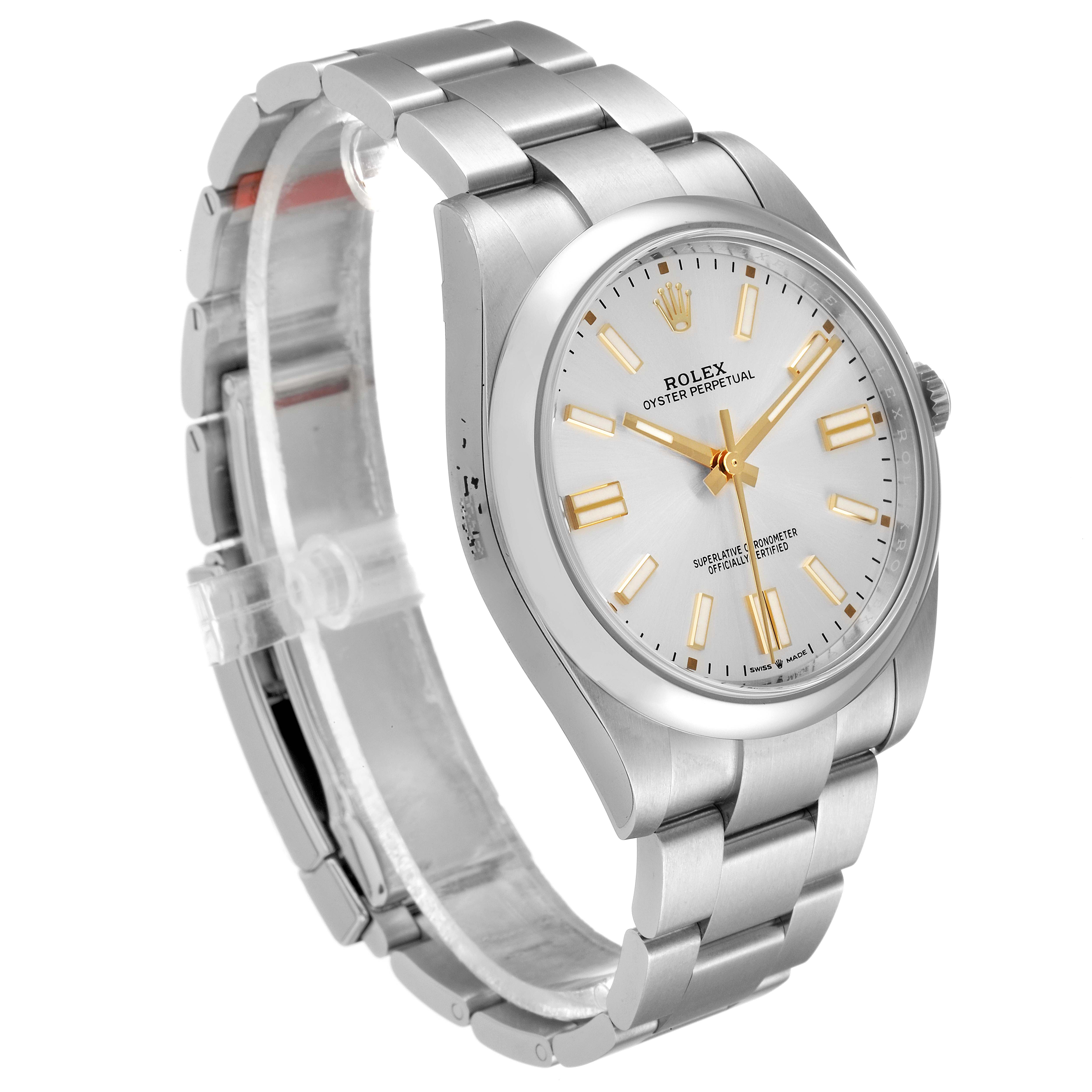 The image shows a Rolex Oyster Perpetual 124300 Men's Stainless Steel Silver Dial 124300 Men's Stainless Steel Silver Dial watch at a three-quarter angle, highlighting its face and bracelet.