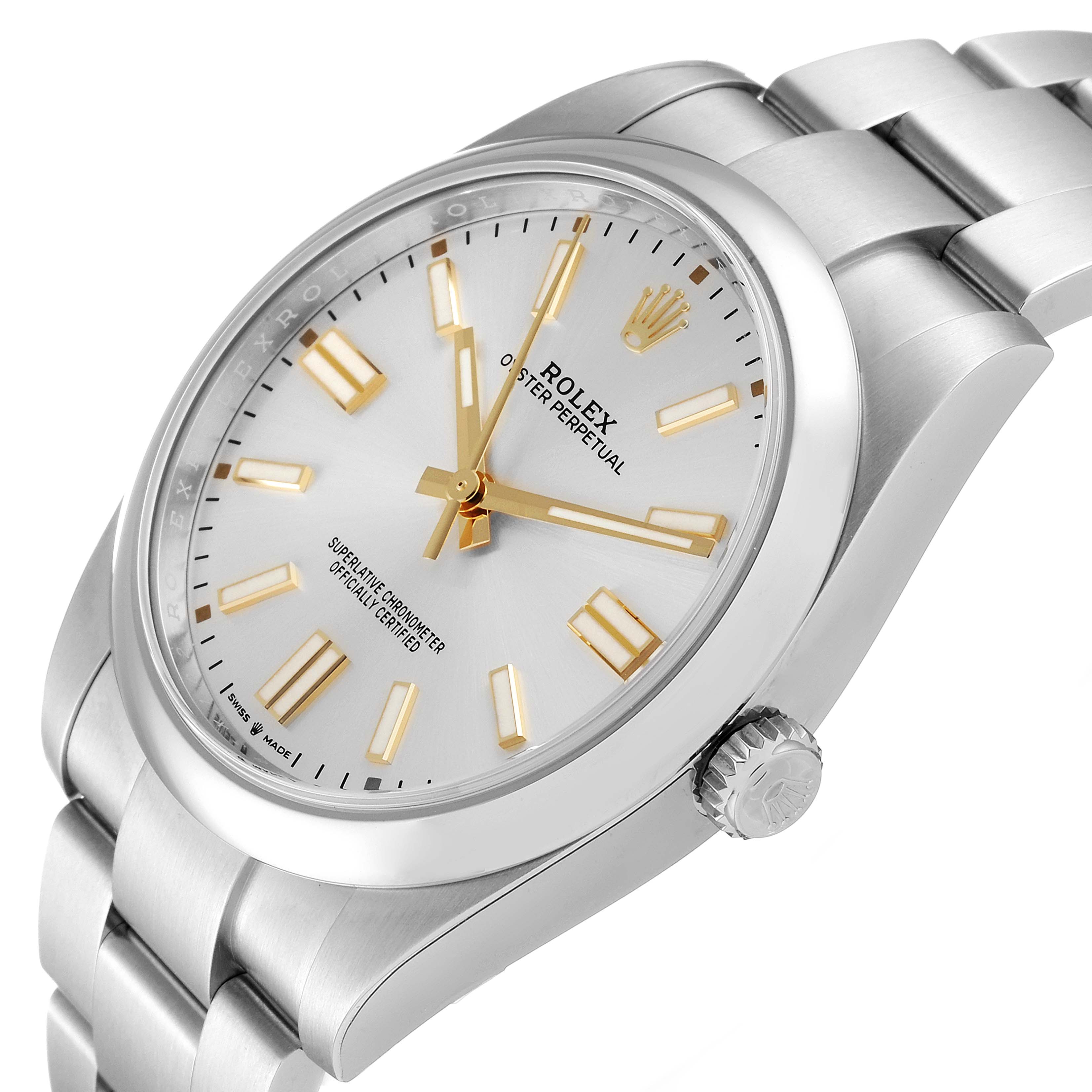 The image shows a close-up side angle of a Rolex Oyster Perpetual 124300 Men's Stainless Steel Silver Dial 124300 Men's Stainless Steel Silver Dial watch, highlighting the face, bezel, crown, and bracelet.