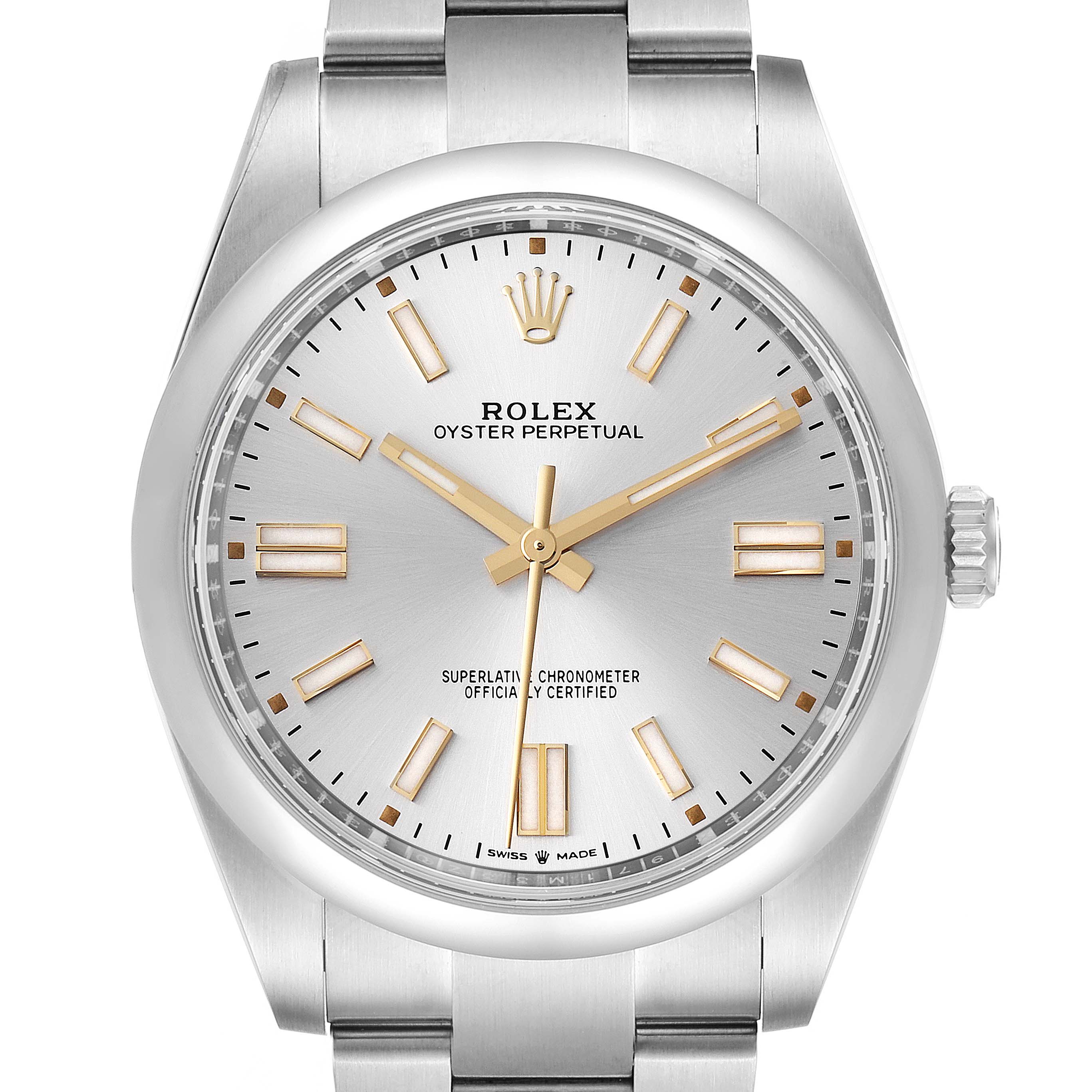 The image shows a front view of a Rolex Oyster Perpetual 124300 Men's Stainless Steel Silver Dial 124300 Men's Stainless Steel Silver Dial watch, highlighting the silver dial, gold hour markers, and stainless steel bracelet.