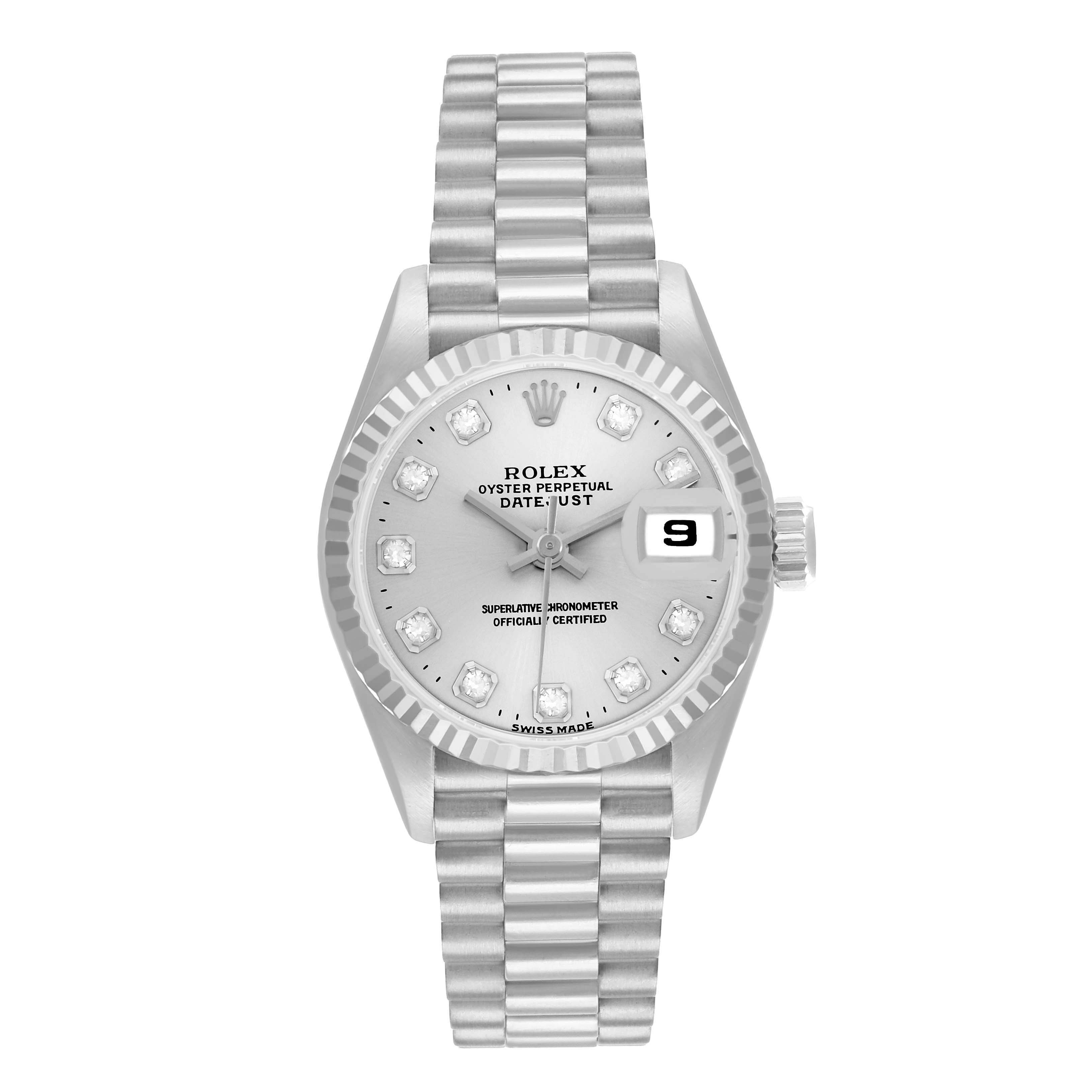 The Rolex President 69179 Women
s White Gold Silver Dial model is shown from a top-down angle, displaying the dial, bezel, crown, and bracelet clearly.