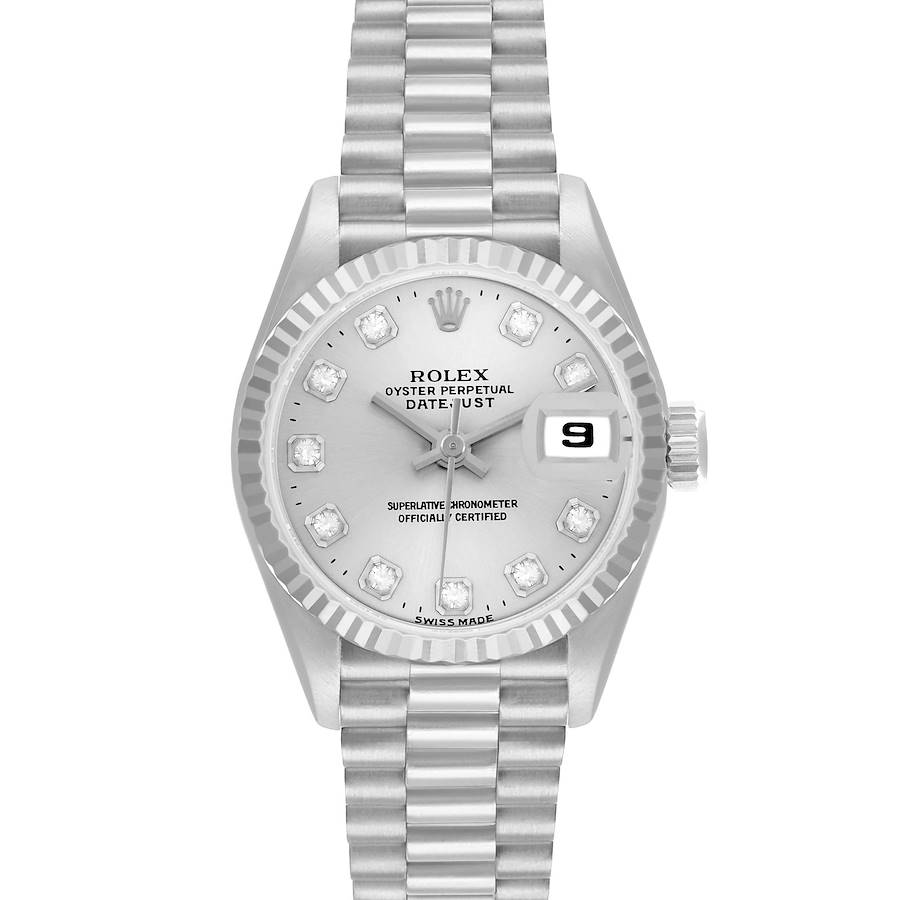 The Rolex President 69179 Women's White Gold Silver Dial model watch is shown from a front view, displaying its dial, hands, date window, and bracelet.
