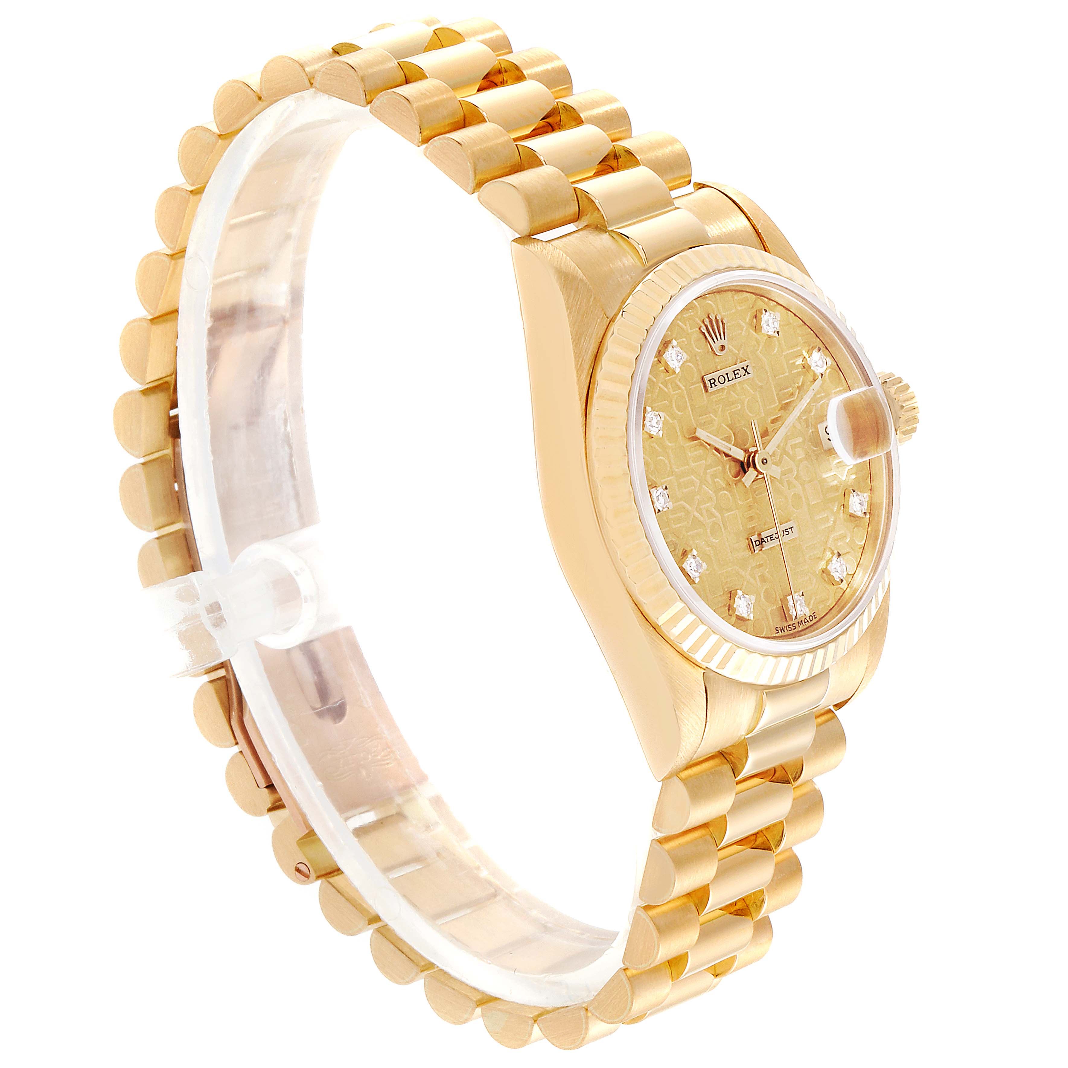 The image shows a side view of a gold Rolex President 68278 Women's Yellow Gold Champagne Dial 68278 Women's Yellow Gold Champagne Dial model watch, featuring its bracelet, dial, and crown.