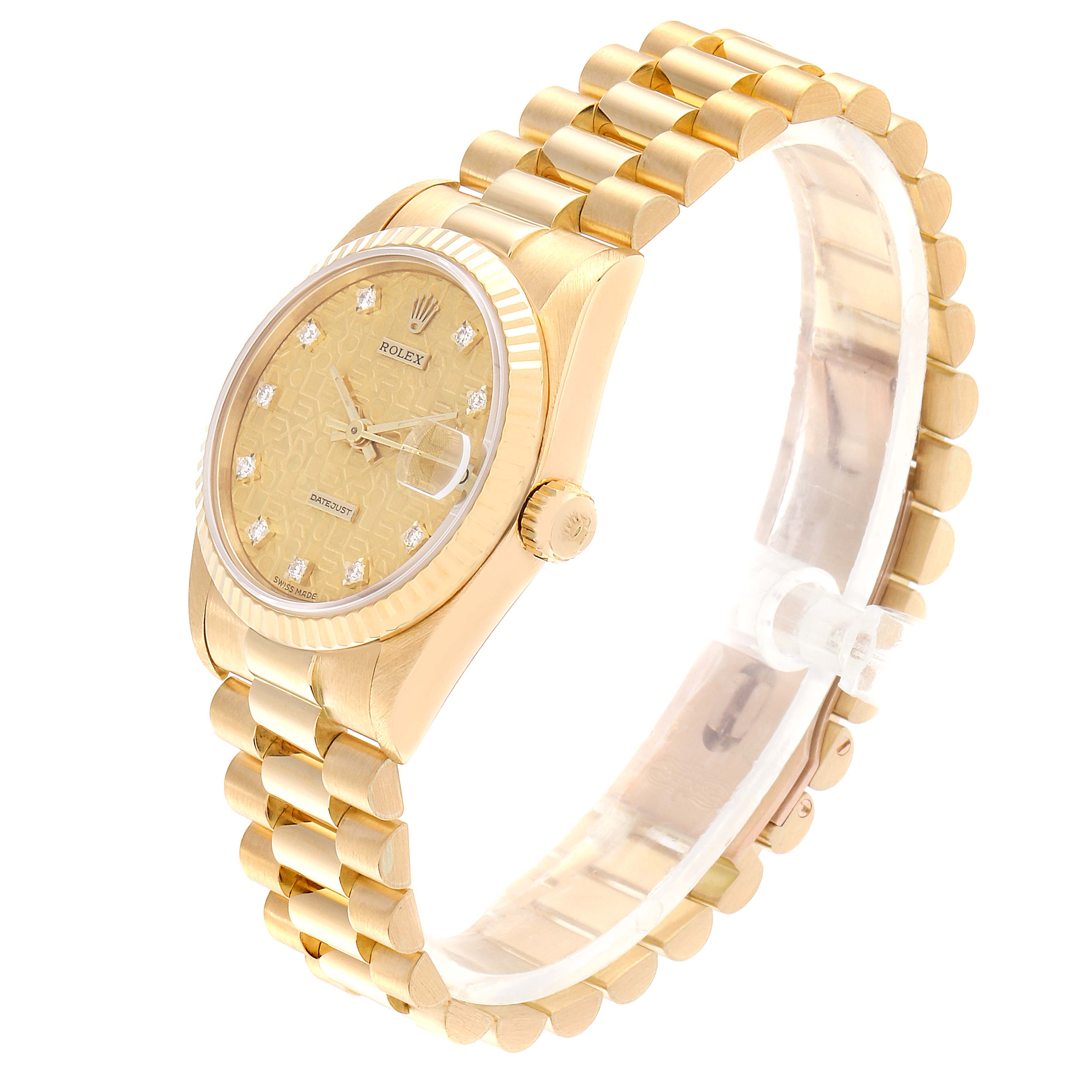 The image shows a side and front angle of a Rolex President 68278 Women's Yellow Gold Champagne Dial 68278 Women's Yellow Gold Champagne Dial model watch, highlighting the gold case, bracelet, and dial with diamond markers.