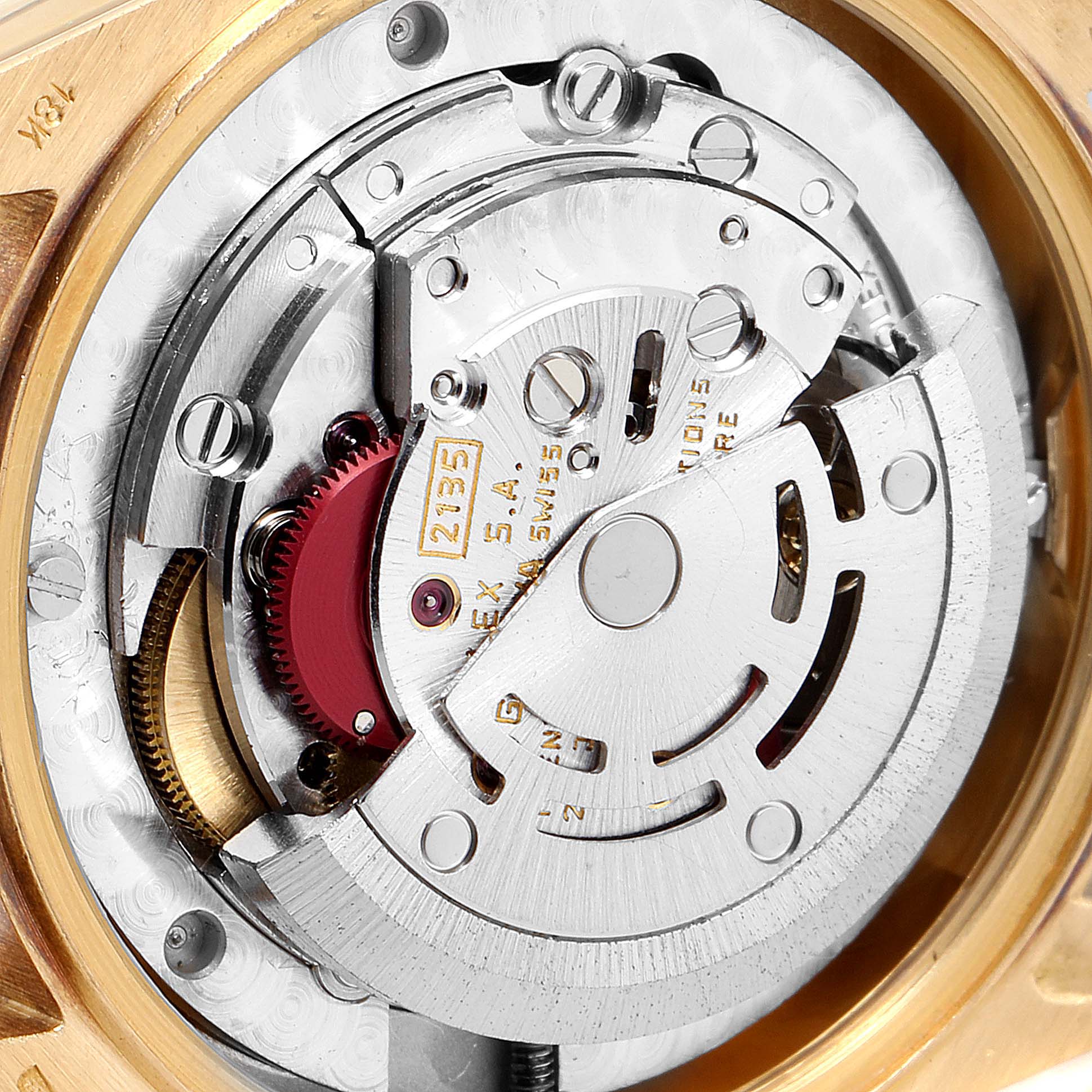 The image shows a close-up of the movement mechanism of a Rolex President 68278 Women's Yellow Gold Champagne Dial 68278 Women's Yellow Gold Champagne Dial model watch.