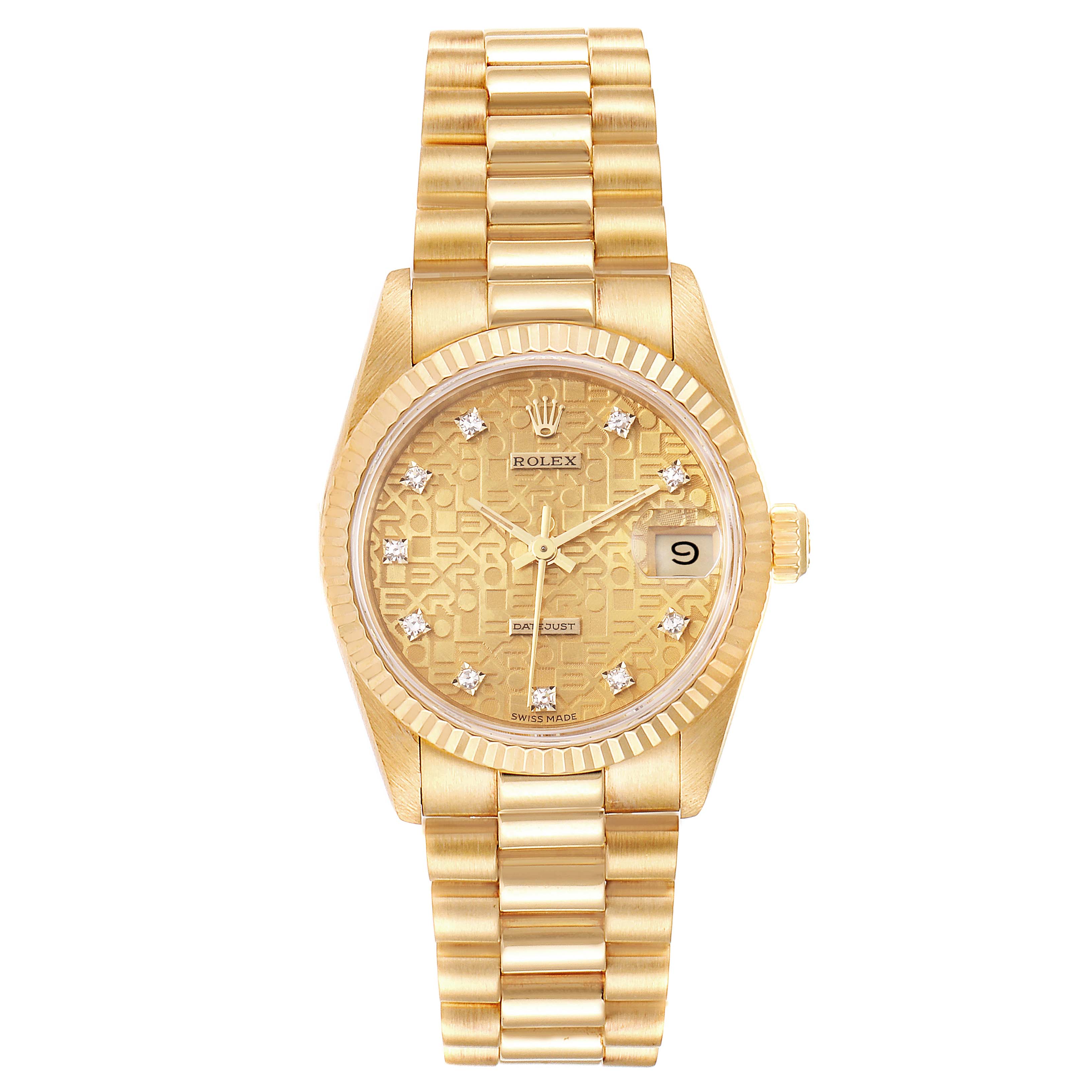 The image shows a frontal view of a Rolex President 68278 Women's Yellow Gold Champagne Dial 68278 Women's Yellow Gold Champagne Dial model watch, featuring its gold dial, bezel, and bracelet.