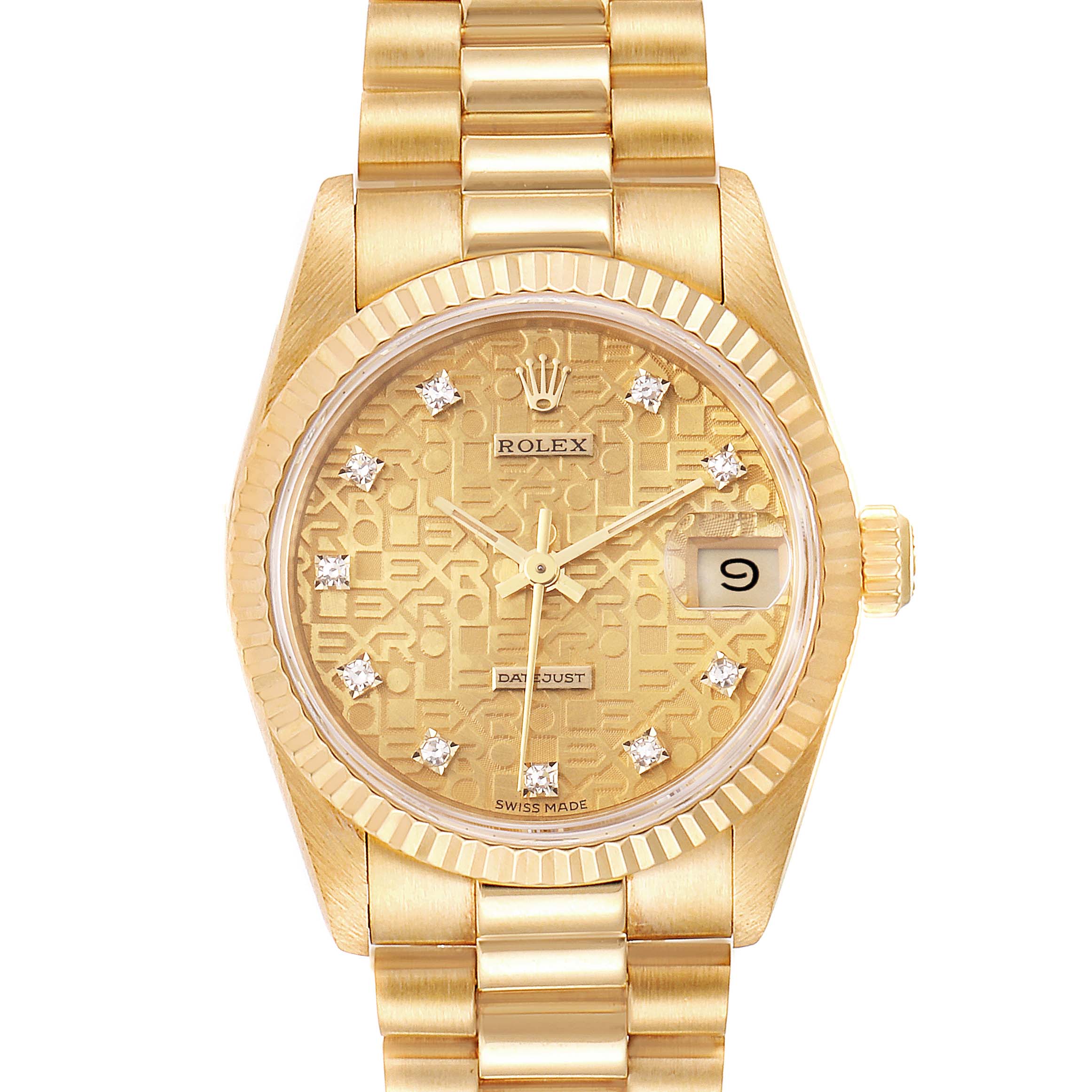This image shows a President model Rolex watch from a straight-on angle, highlighting its gold dial, diamond hour markers, and bracelet.
