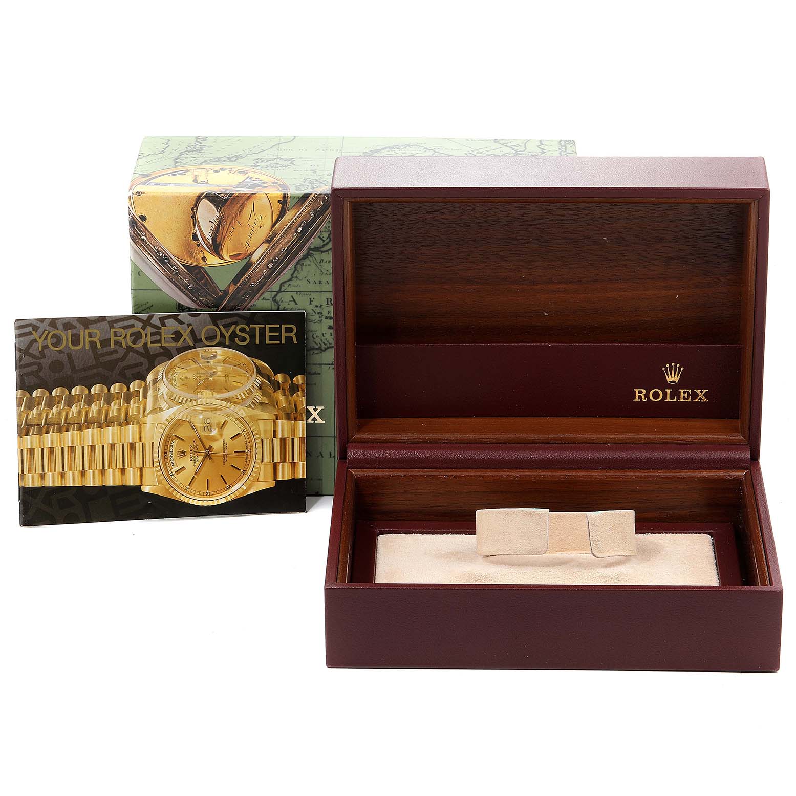 The image shows an open Rolex President 68278 Women's Yellow Gold Champagne Dial 68278 Women's Yellow Gold Champagne Dial model watch box, a booklet, and the outer packaging.