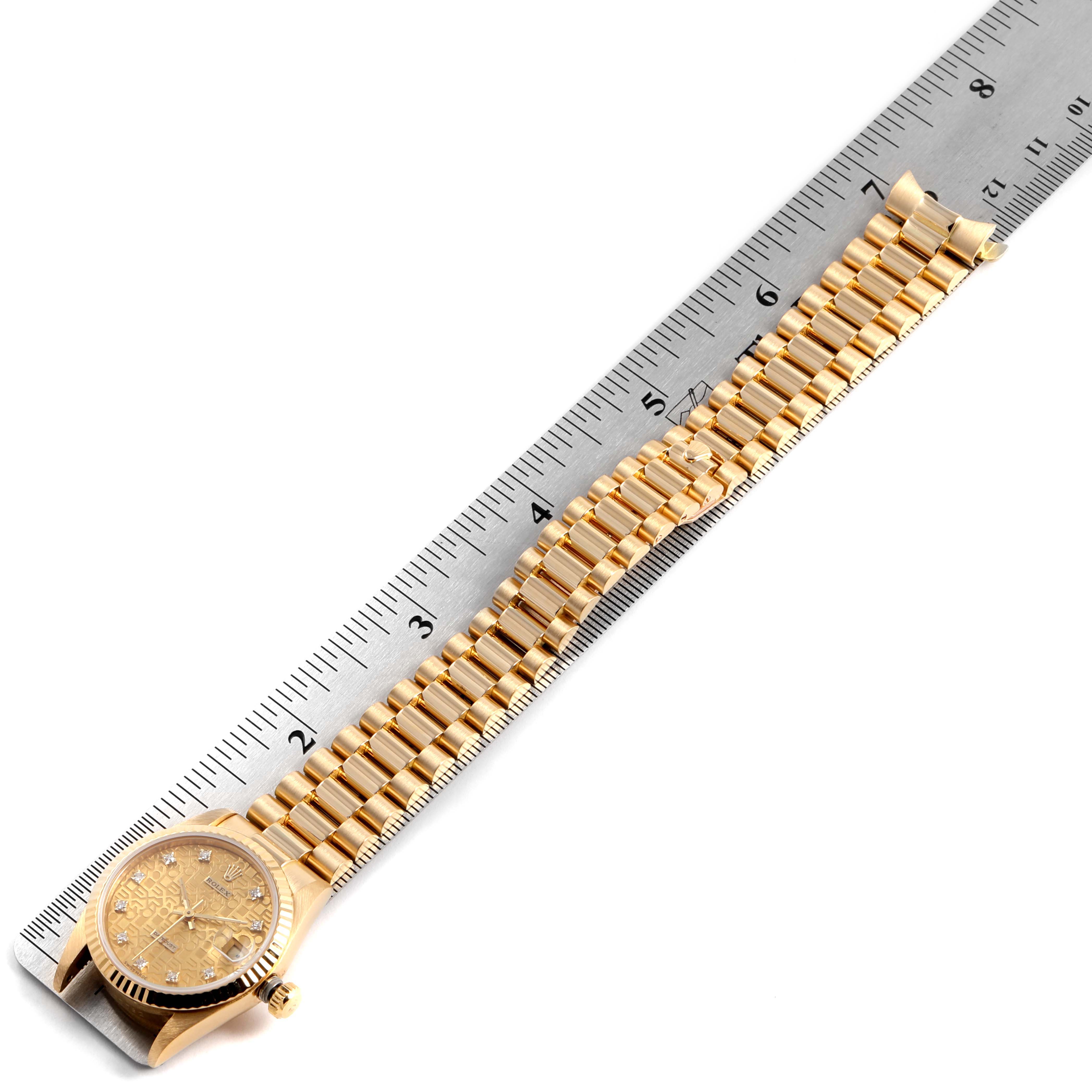 The image shows a Rolex President 68278 Women's Yellow Gold Champagne Dial 68278 Women's Yellow Gold Champagne Dial watch measuring its bracelet length against a ruler at an angle.