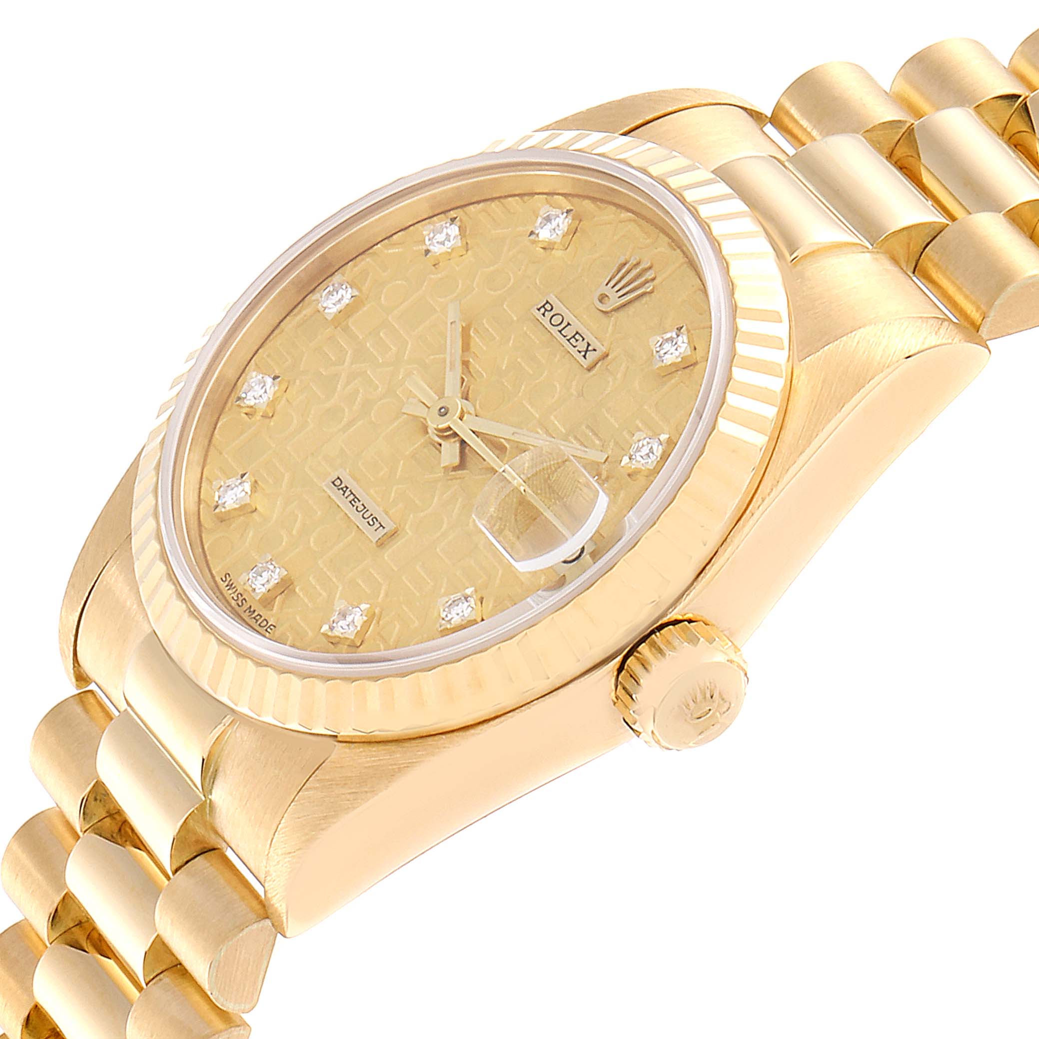 The Rolex President 68278 Women's Yellow Gold Champagne Dial 68278 Women's Yellow Gold Champagne Dial model watch is shown at an oblique angle, displaying its gold dial, diamond markers, crown, and bracelet.