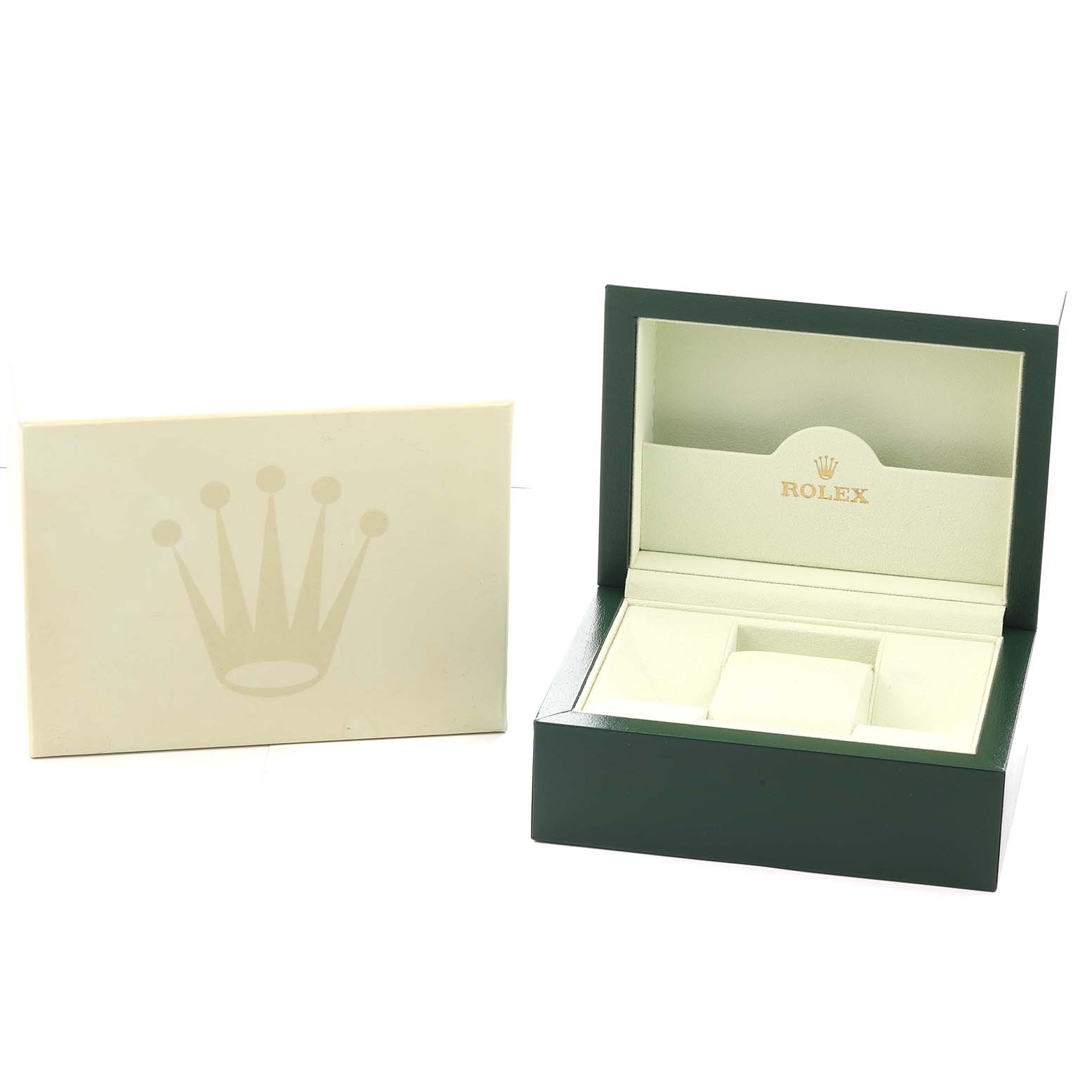 The image shows an open Rolex watch box and outer packaging for the President model, highlighting the brand logo.