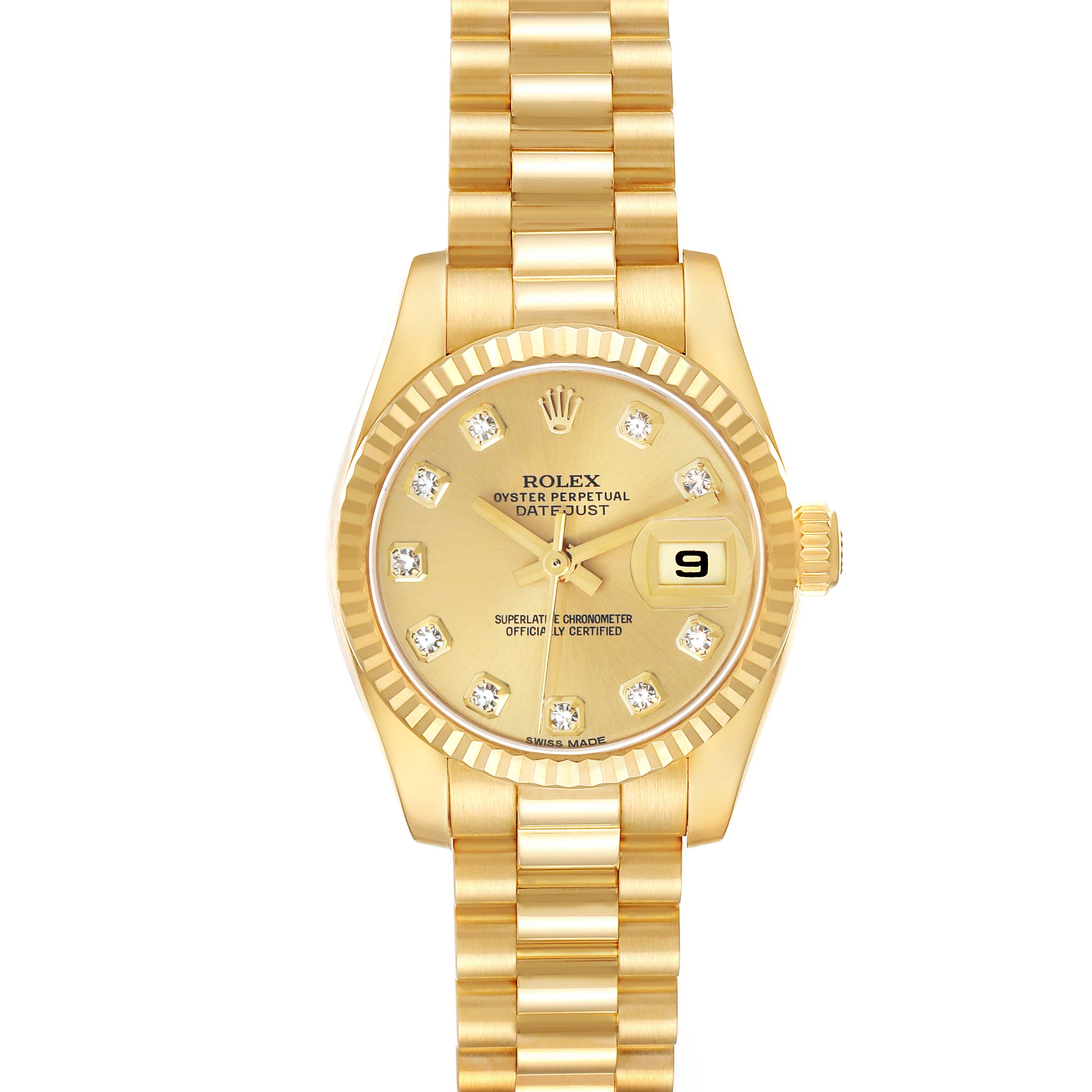 The Rolex President 179178 Women
s Yellow Gold Champagne Dial model watch is shown from the front, displaying its gold bracelet, fluted bezel, and diamond hour markers.