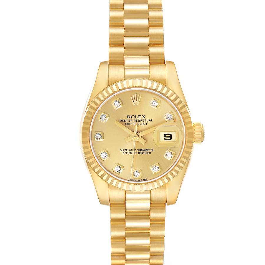 The Rolex President 179178 Women's Yellow Gold Champagne Dial model watch is shown from the front, displaying its gold bracelet, fluted bezel, and diamond hour markers.