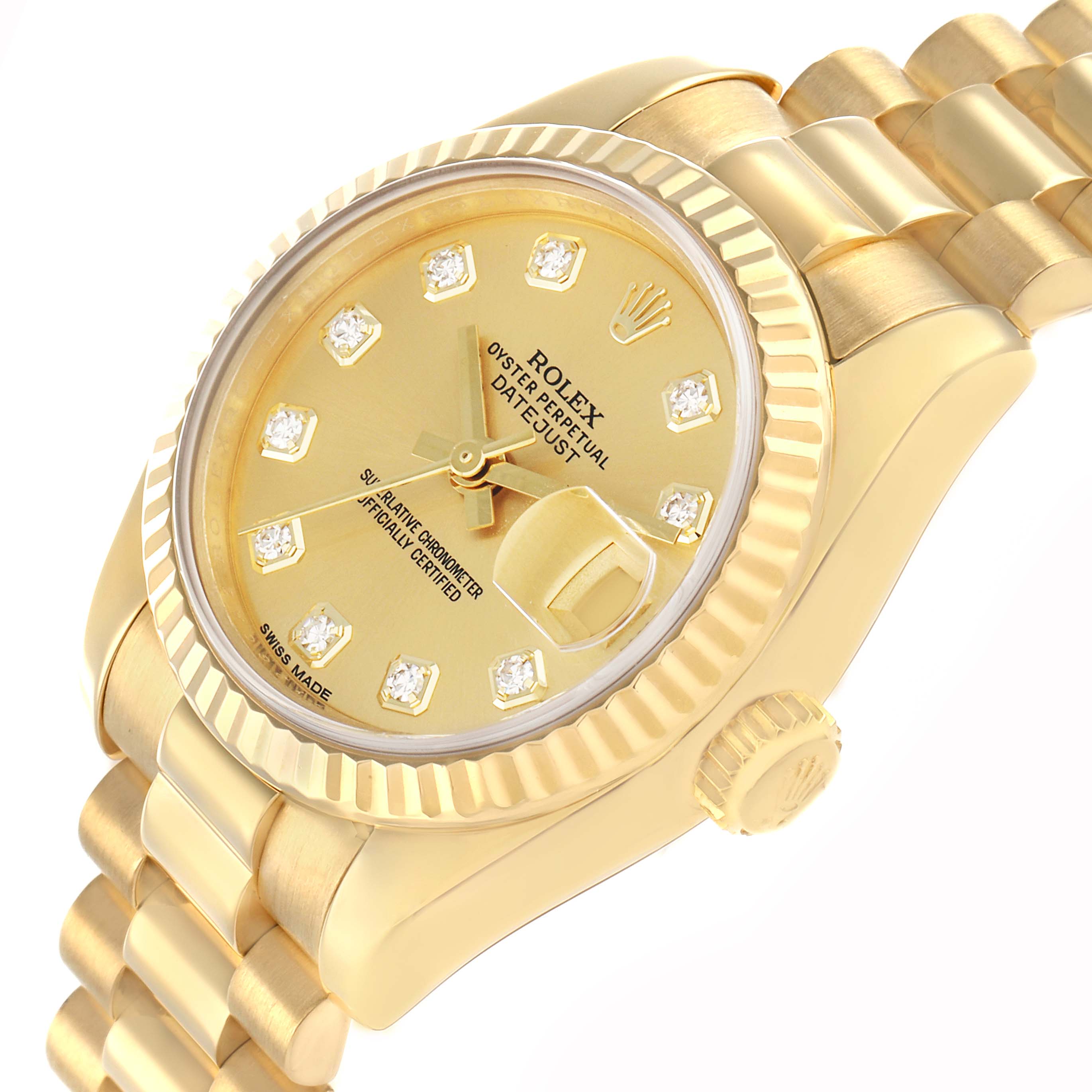 The image shows a Rolex President 179178 Women
s Yellow Gold Champagne Dial model watch at an angled view highlighting its gold dial, fluted bezel, and bracelet.