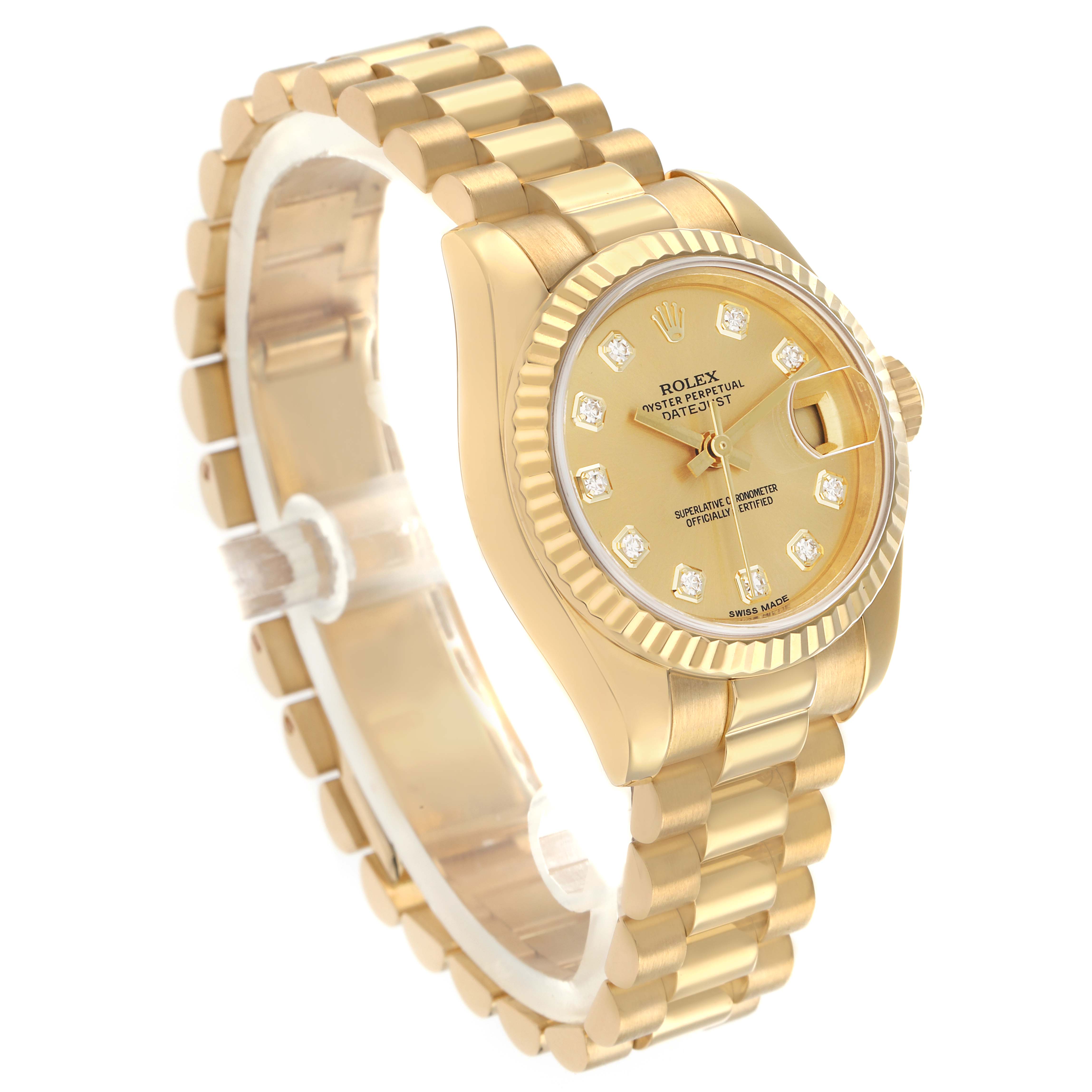 The Rolex President 179178 Women
s Yellow Gold Champagne Dial model watch is shown in a three-quarter view, highlighting its gold bracelet, fluted bezel, and diamond hour markers.