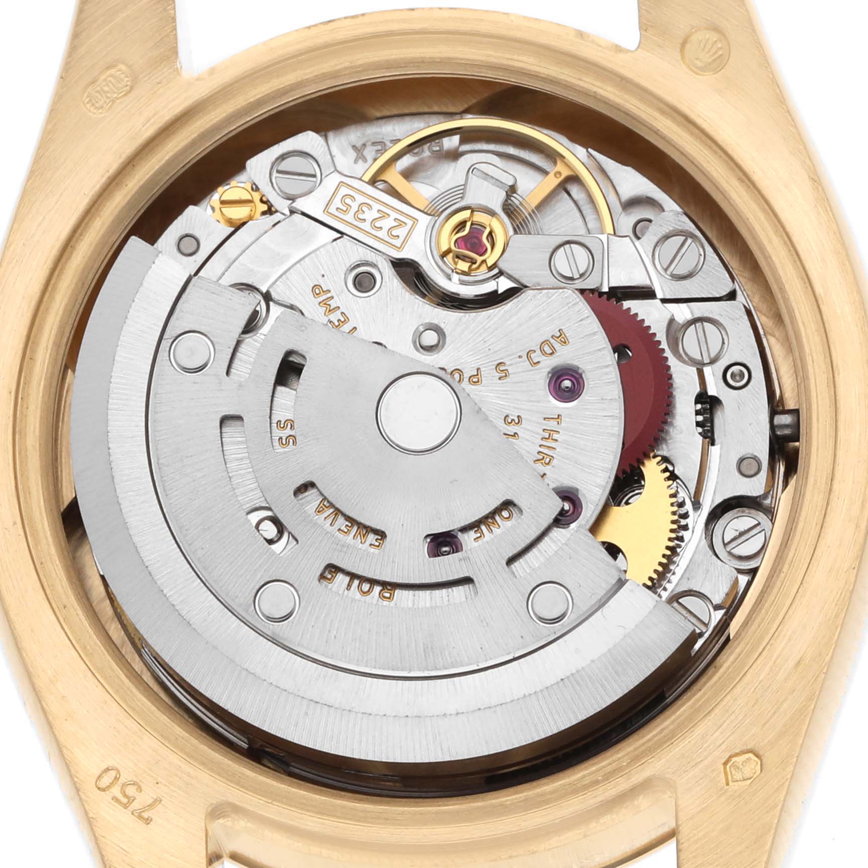 The image shows the movement of a Rolex President 179178 Women
s Yellow Gold Champagne Dial watch from a top-down angle, highlighting gears and components.