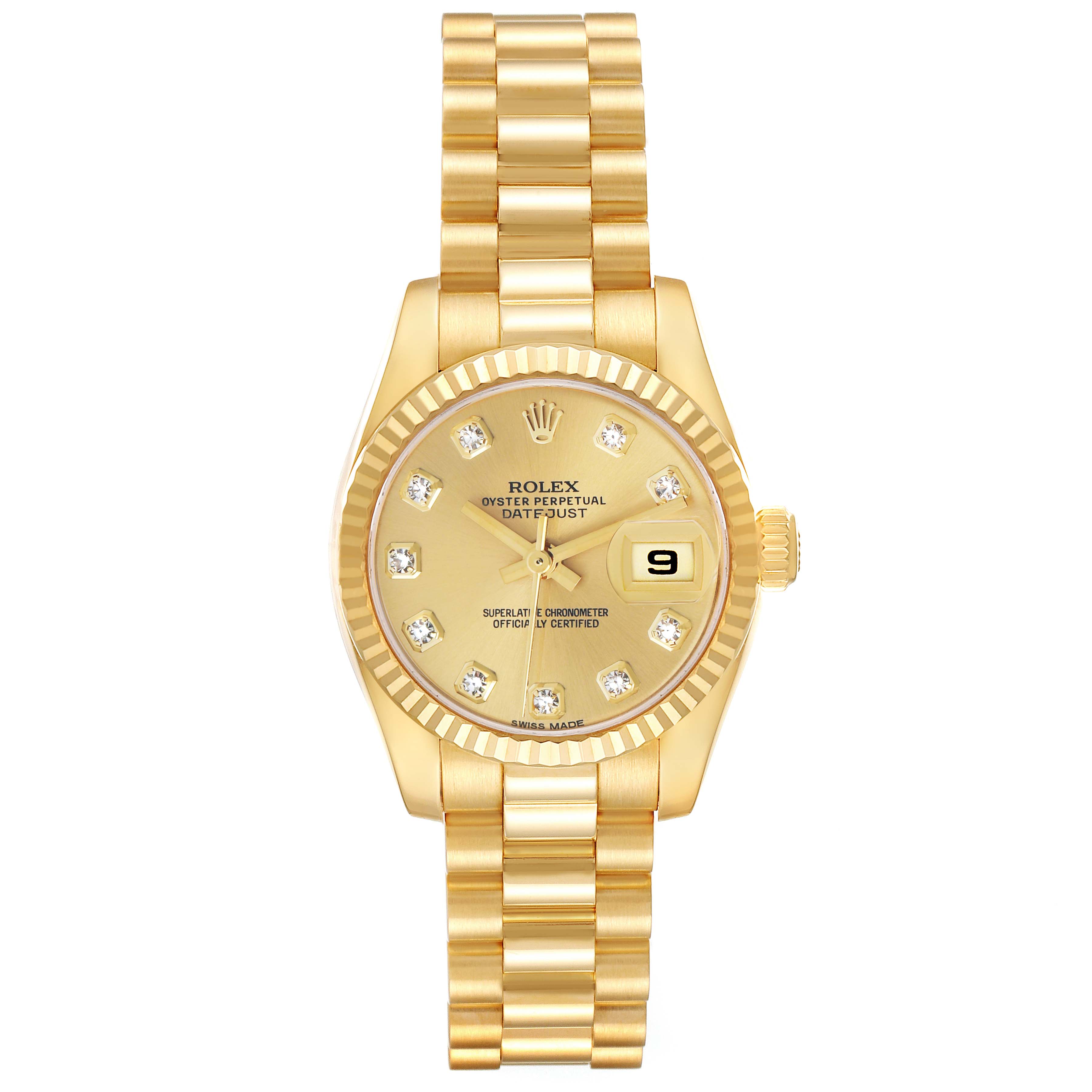 The Rolex President 179178 Women
s Yellow Gold Champagne Dial model is shown from a top-down angle, highlighting the entire face, bracelet, and bezel.