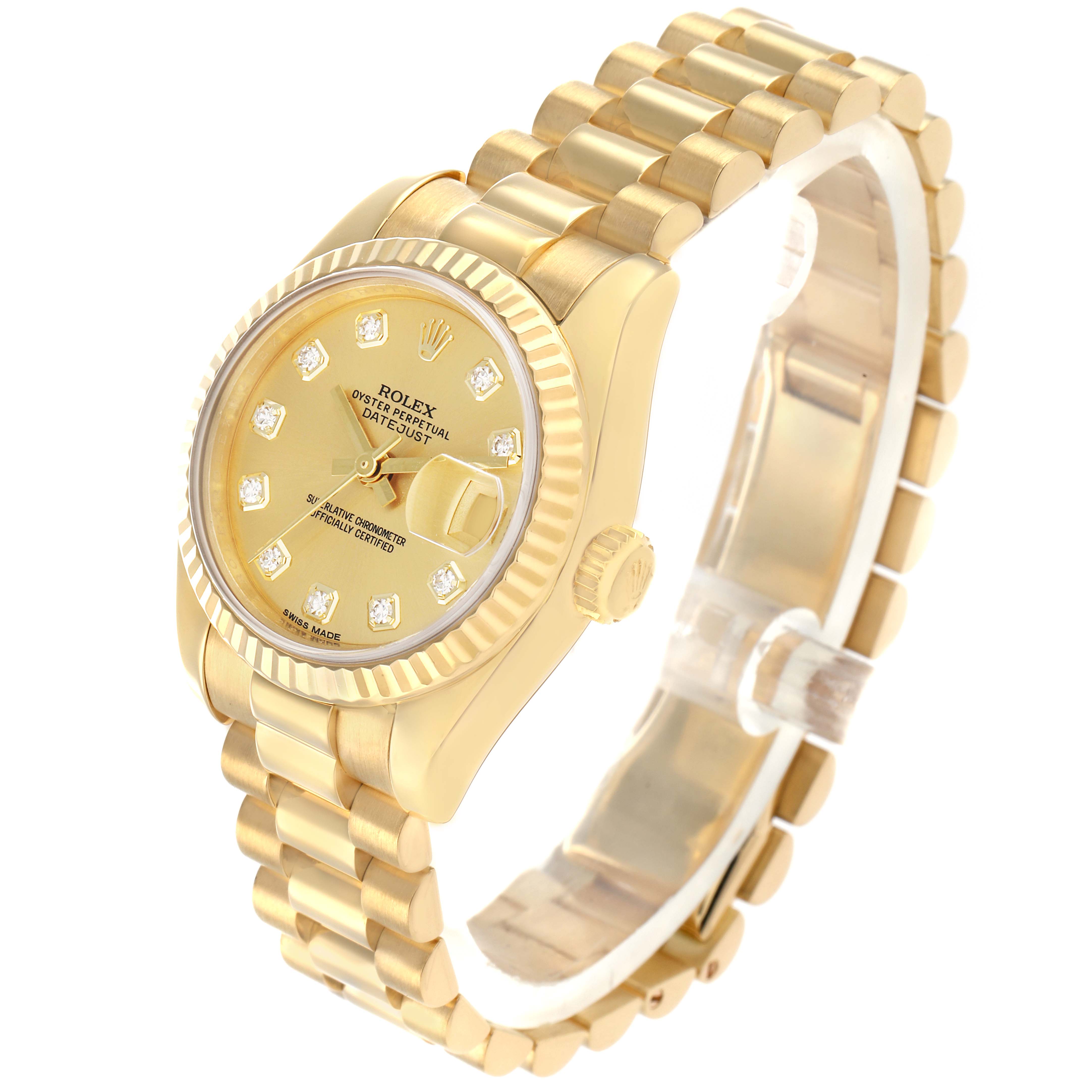 The Rolex President 179178 Women
s Yellow Gold Champagne Dial model watch is shown at a slight angle, displaying the face, bezel, crown, and a portion of the bracelet.