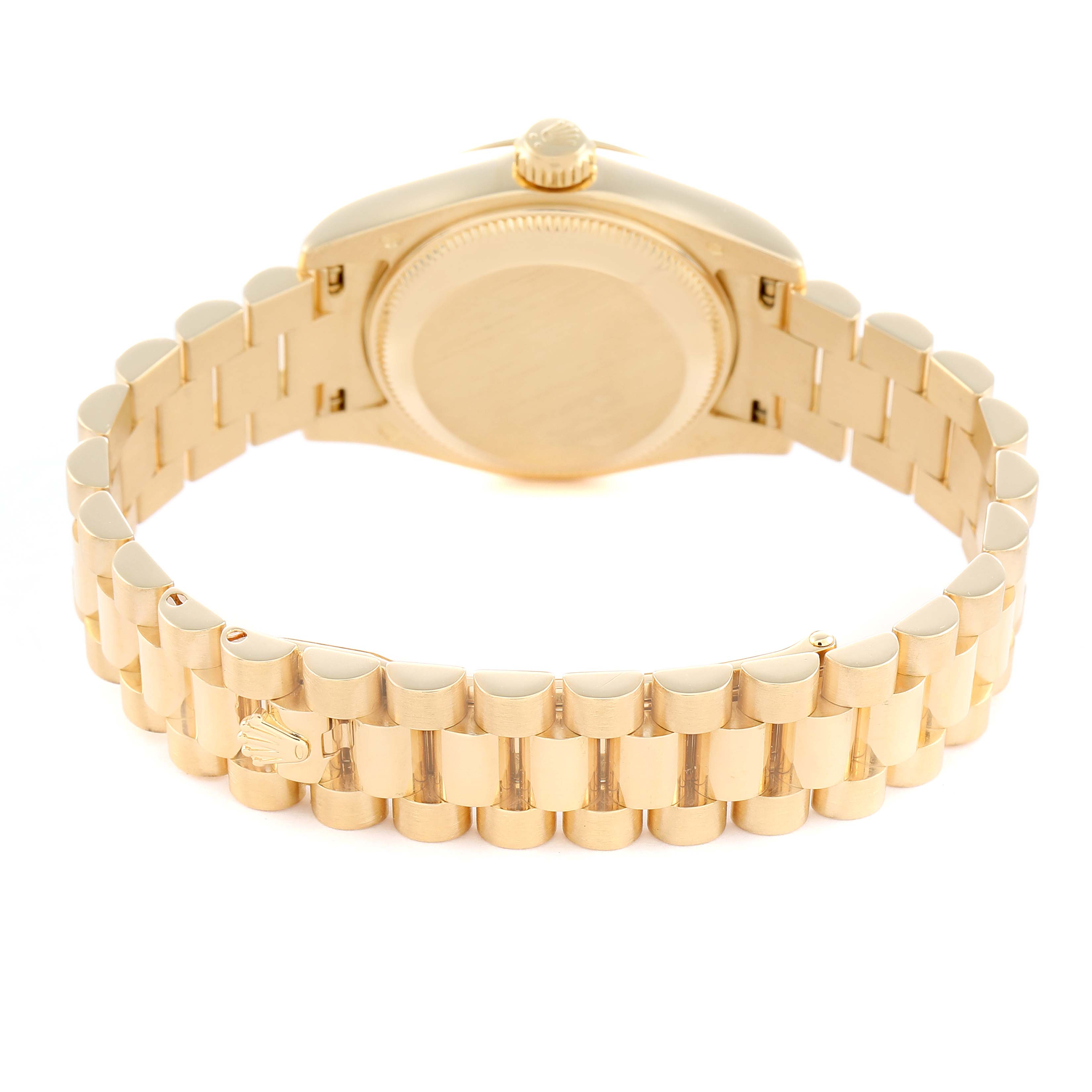 The image shows the back of a Rolex President 179178 Women
s Yellow Gold Champagne Dial model, highlighting the case back and bracelet at an upward angle.