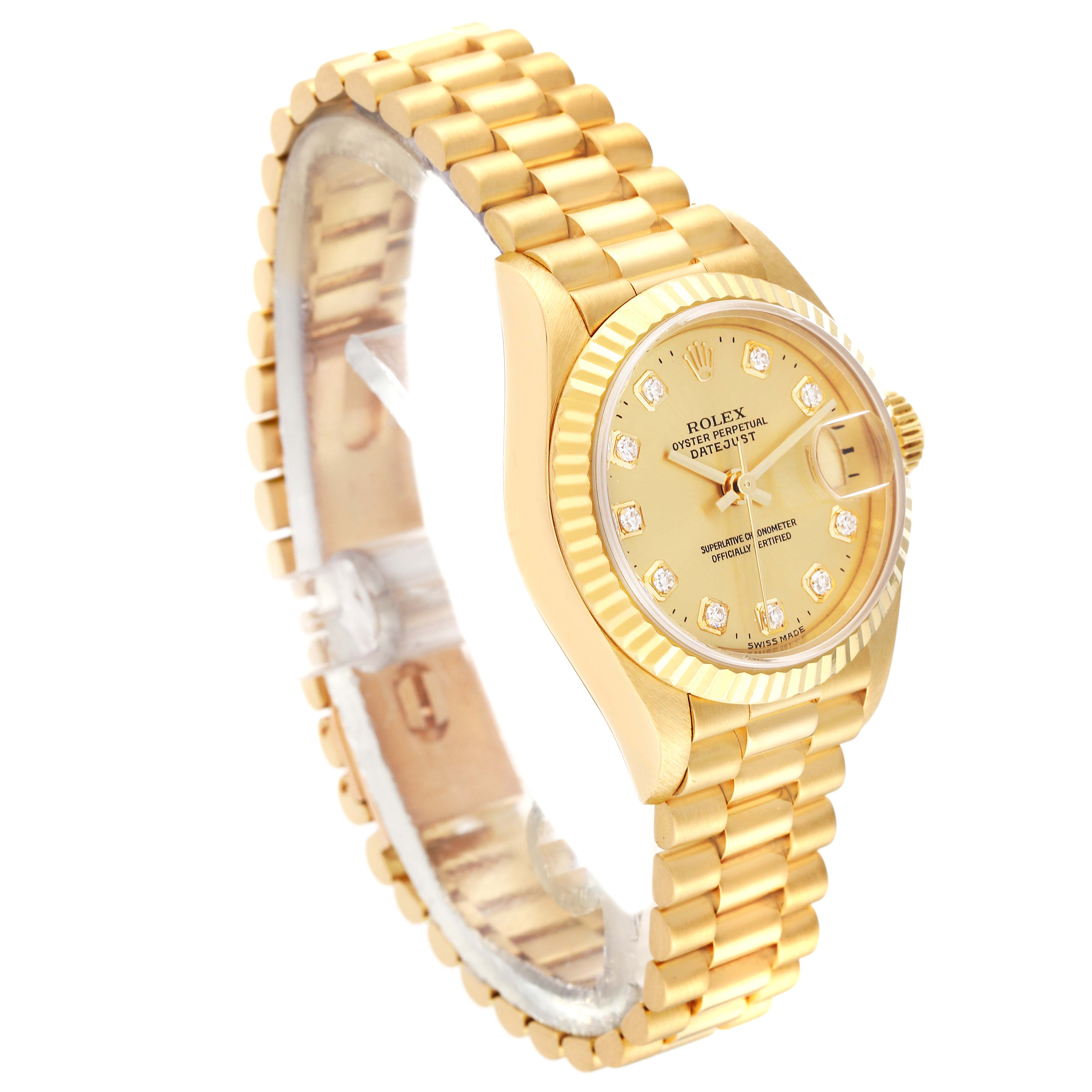 This Rolex President 79178 Women's Yellow Gold Champagne Dial 79178 Women's Yellow Gold Champagne Dial watch is shown at a front angle displaying the gold bracelet, fluted bezel, and diamond-set dial.
