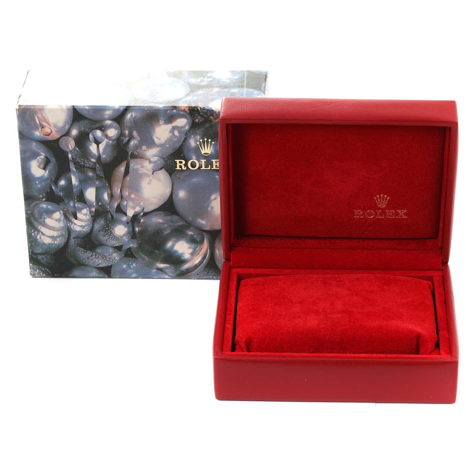 The image shows a Rolex President 79178 Women's Yellow Gold Champagne Dial 79178 Women's Yellow Gold Champagne Dial watch's red velvet box and outer packaging from a front angle.