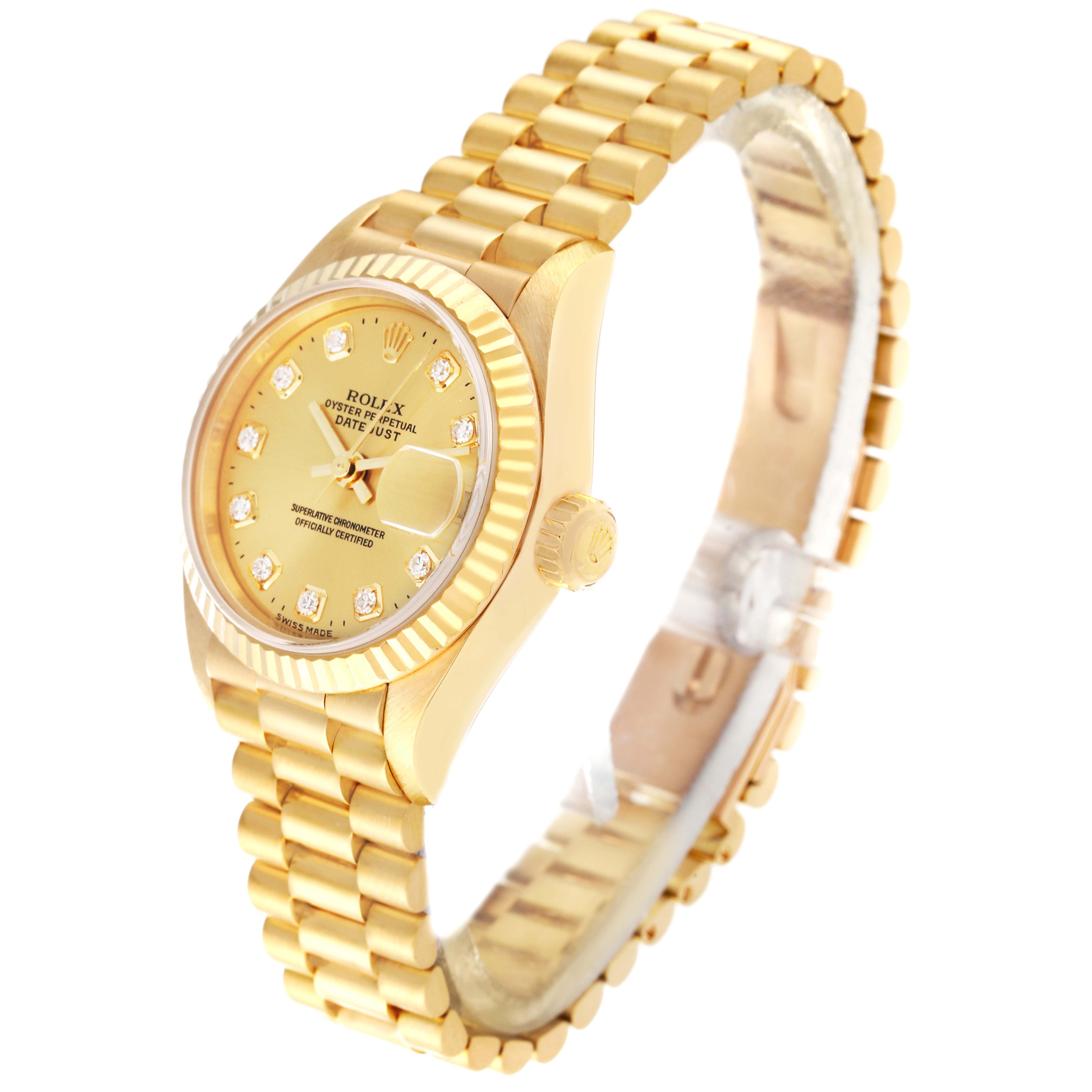 The Rolex President 79178 Women's Yellow Gold Champagne Dial 79178 Women's Yellow Gold Champagne Dial model watch is shown from a three-quarter angle, displaying the band, case, dial, and crown.