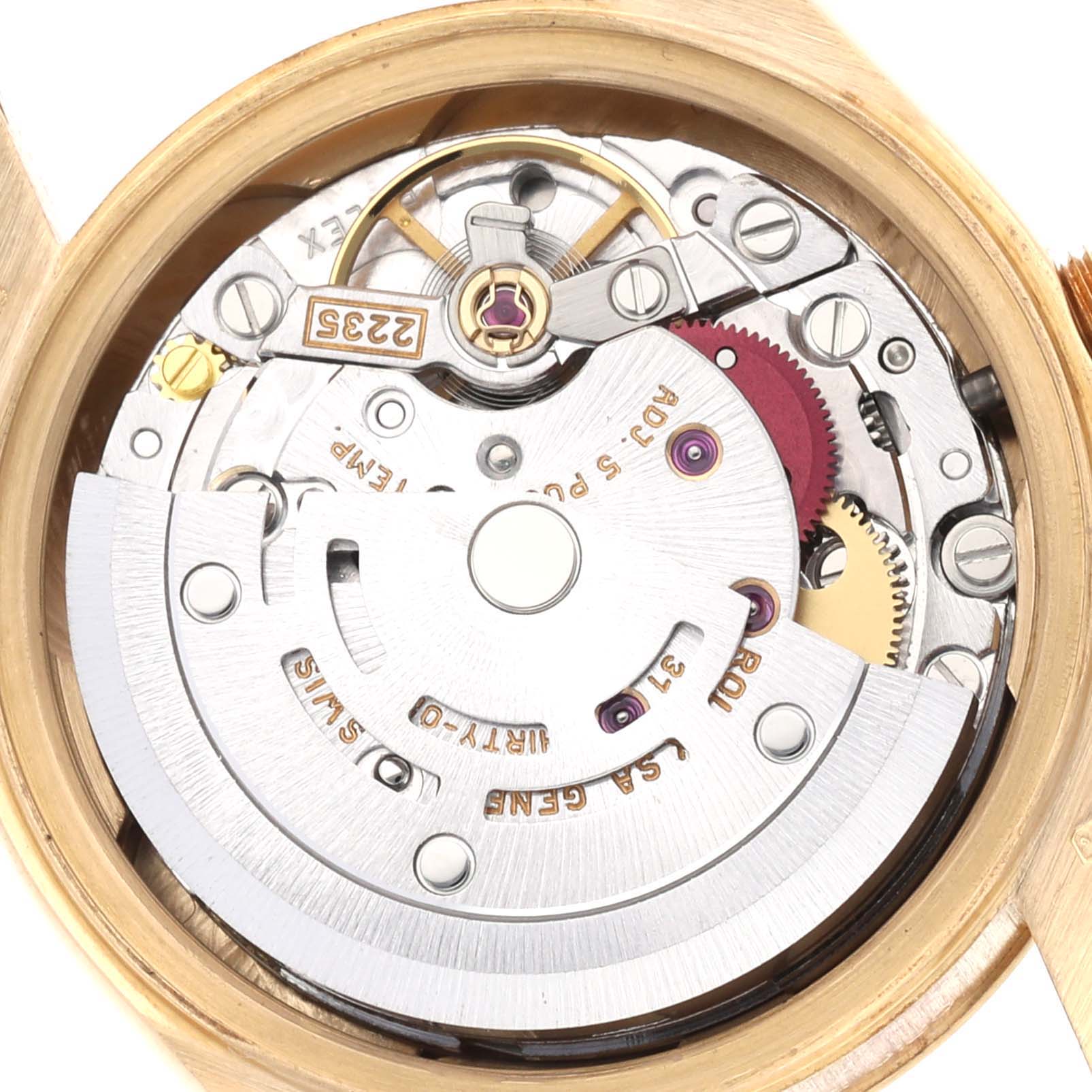 This image shows the internal mechanism of the Rolex President 79178 Women's Yellow Gold Champagne Dial 79178 Women's Yellow Gold Champagne Dial model watch at a close-up angle.