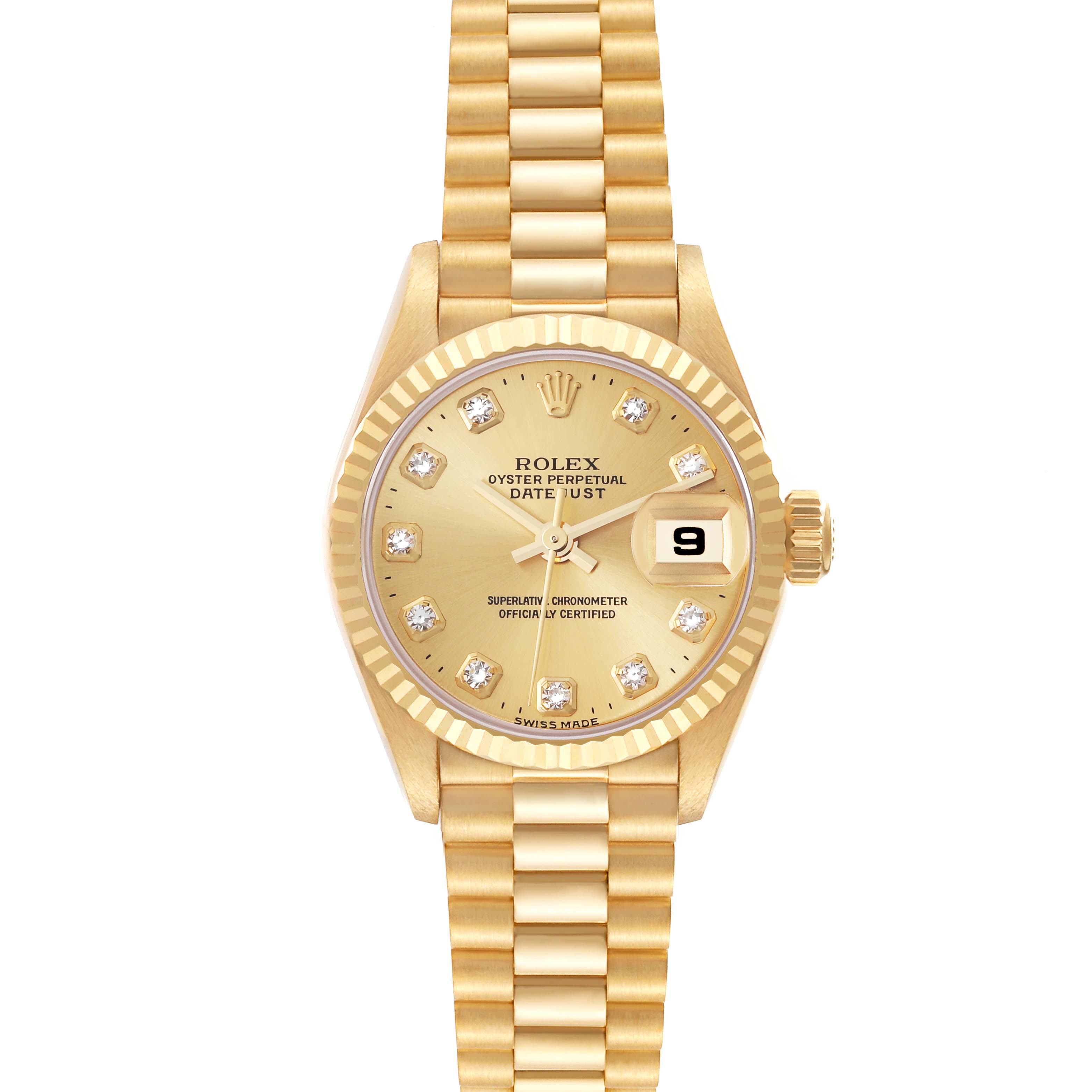 The image shows a front view of the Rolex President 79178 Women's Yellow Gold Champagne Dial 79178 Women's Yellow Gold Champagne Dial model watch, displaying its face, bezel, bracelet, and date function.