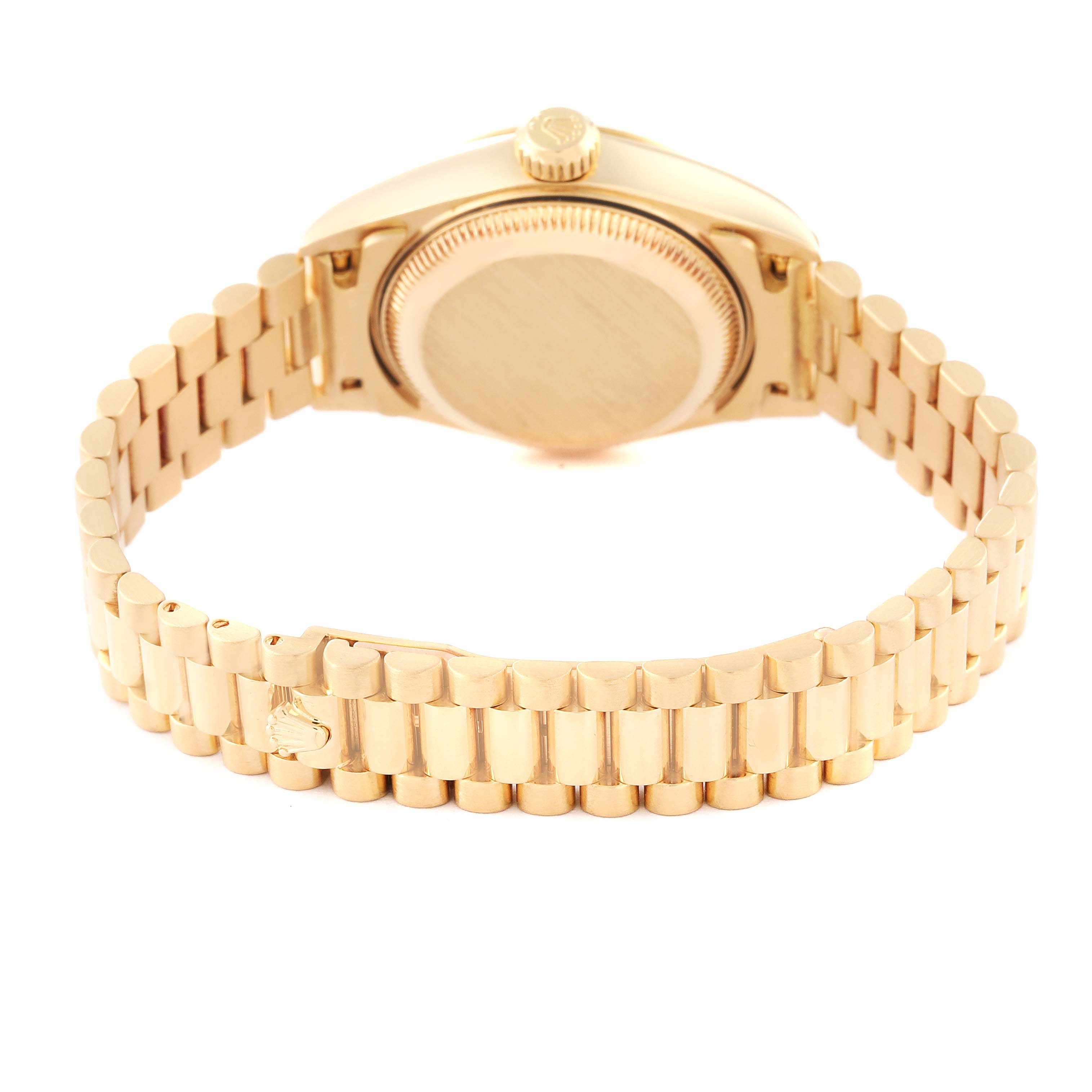The image shows the back view of a Rolex President 79178 Women's Yellow Gold Champagne Dial 79178 Women's Yellow Gold Champagne Dial model watch, highlighting its gold case and President bracelet.