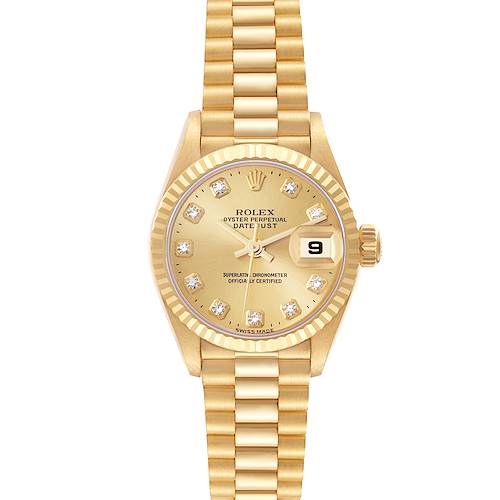 This image shows a front view of a Rolex President model watch, highlighting the dial, hands, date window, bezel, and bracelet.