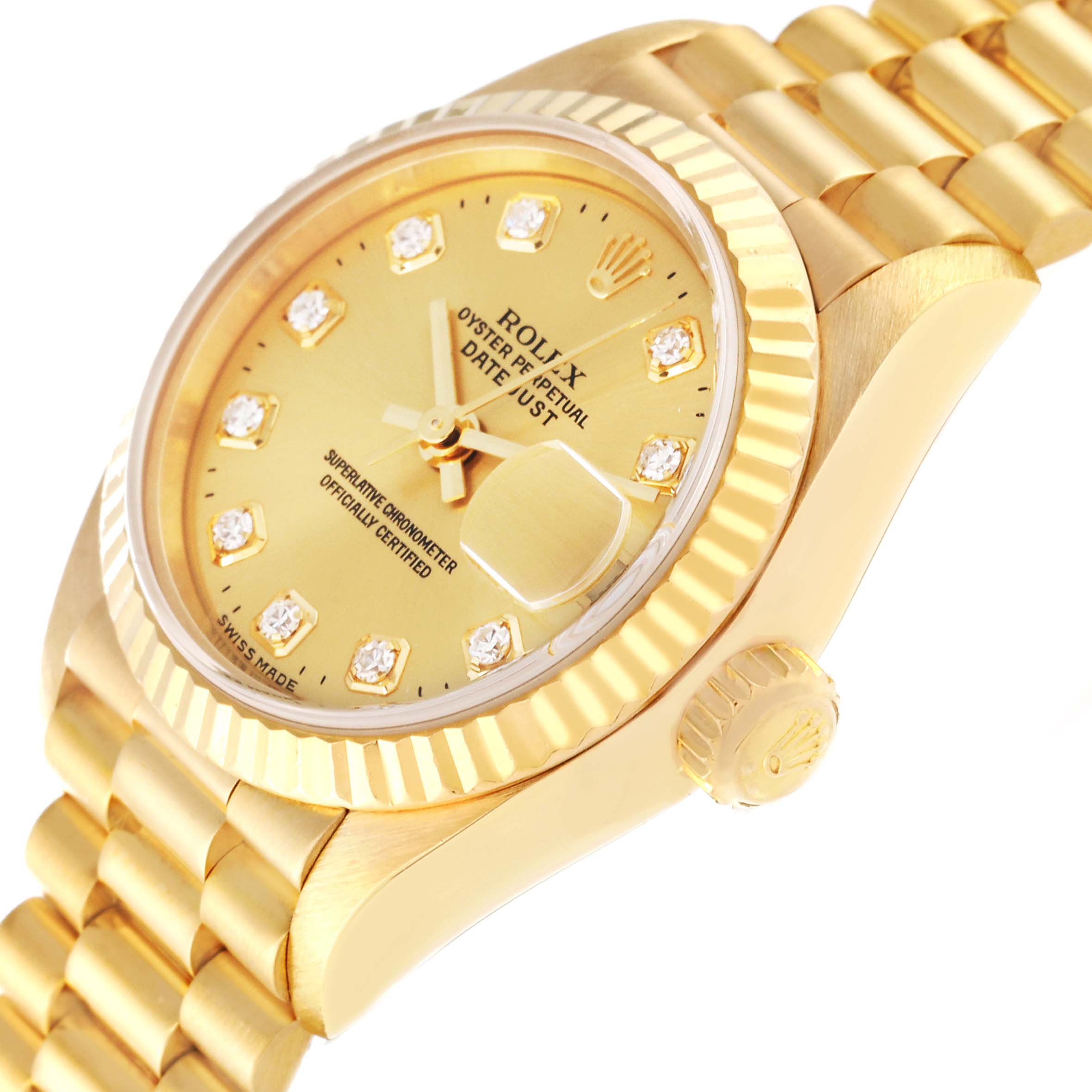 The image shows a close-up angled view of a gold Rolex President 79178 Women's Yellow Gold Champagne Dial 79178 Women's Yellow Gold Champagne Dial Datejust watch, highlighting the dial, bezel, and part of the bracelet.