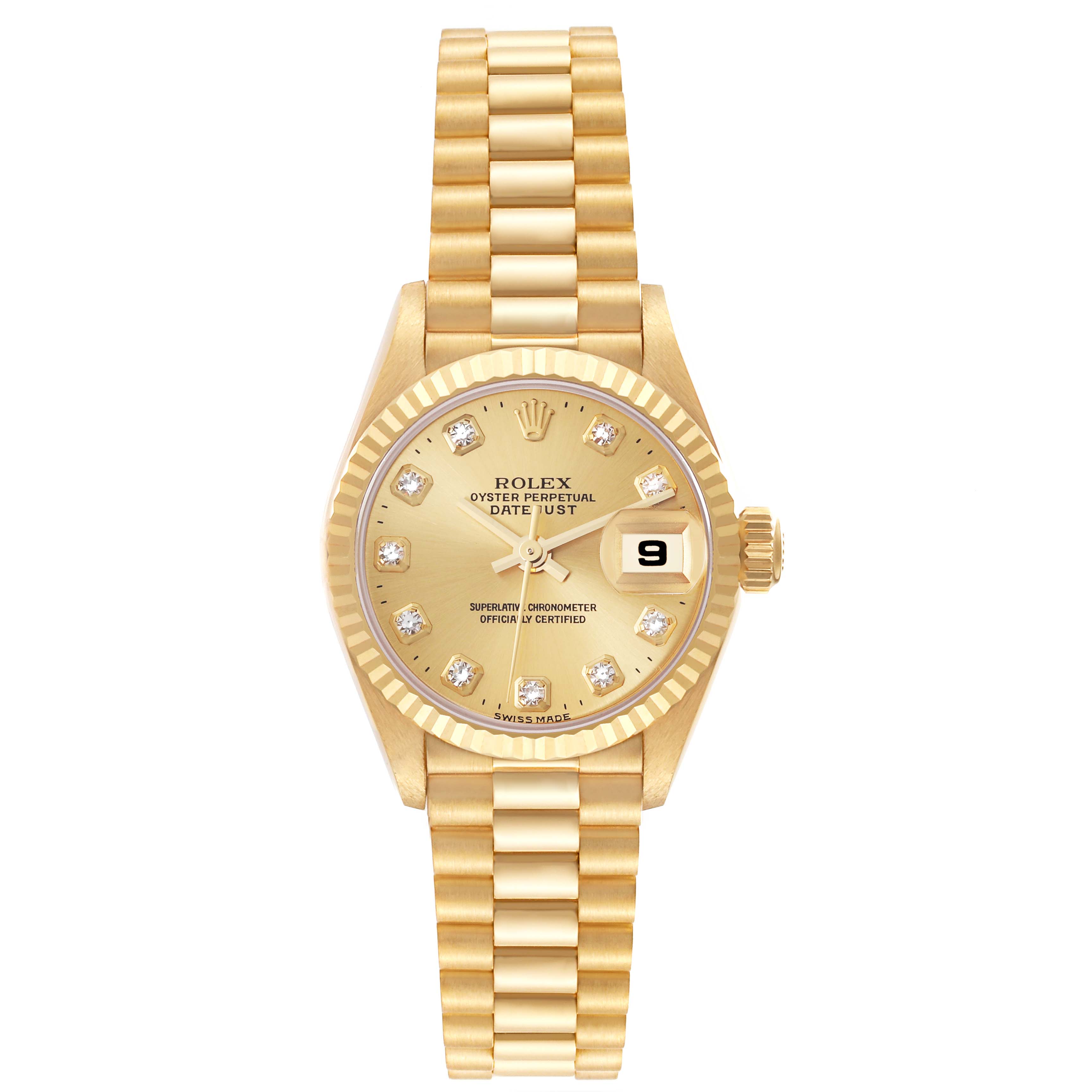 This is a full-front view of the Rolex President 79178 Women's Yellow Gold Champagne Dial 79178 Women's Yellow Gold Champagne Dial model watch, showing its face, fluted bezel, and President bracelet.