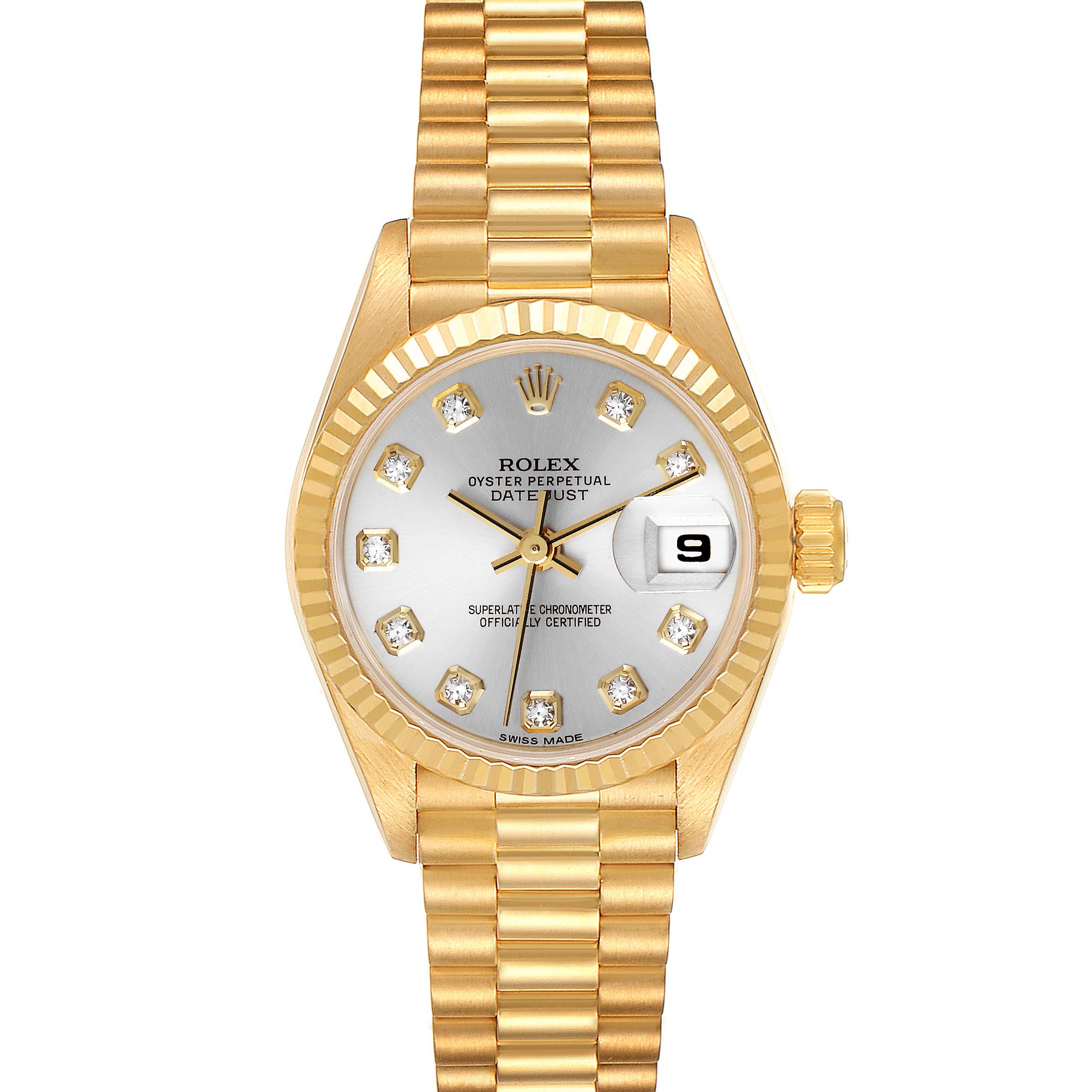 The Rolex President 69178 Women's Yellow Gold Silver Dial 69178 Women's Yellow Gold Silver Dial model is shown from a front angle, displaying its gold case, diamond hour markers, date window, and President bracelet.
