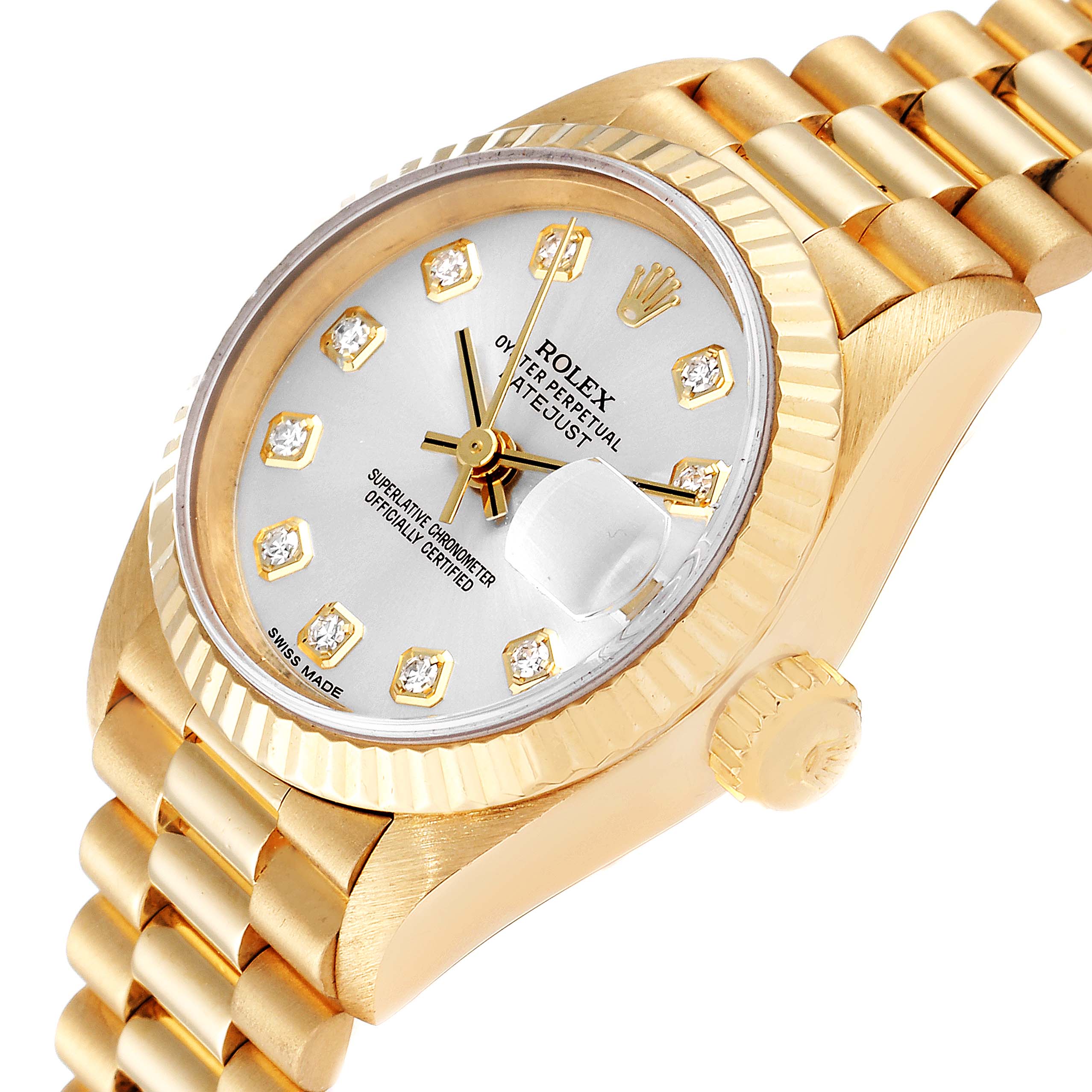 The image shows a Rolex President 69178 Women's Yellow Gold Silver Dial 69178 Women's Yellow Gold Silver Dial watch at an angled view highlighting the dial, bezel, and part of the bracelet.