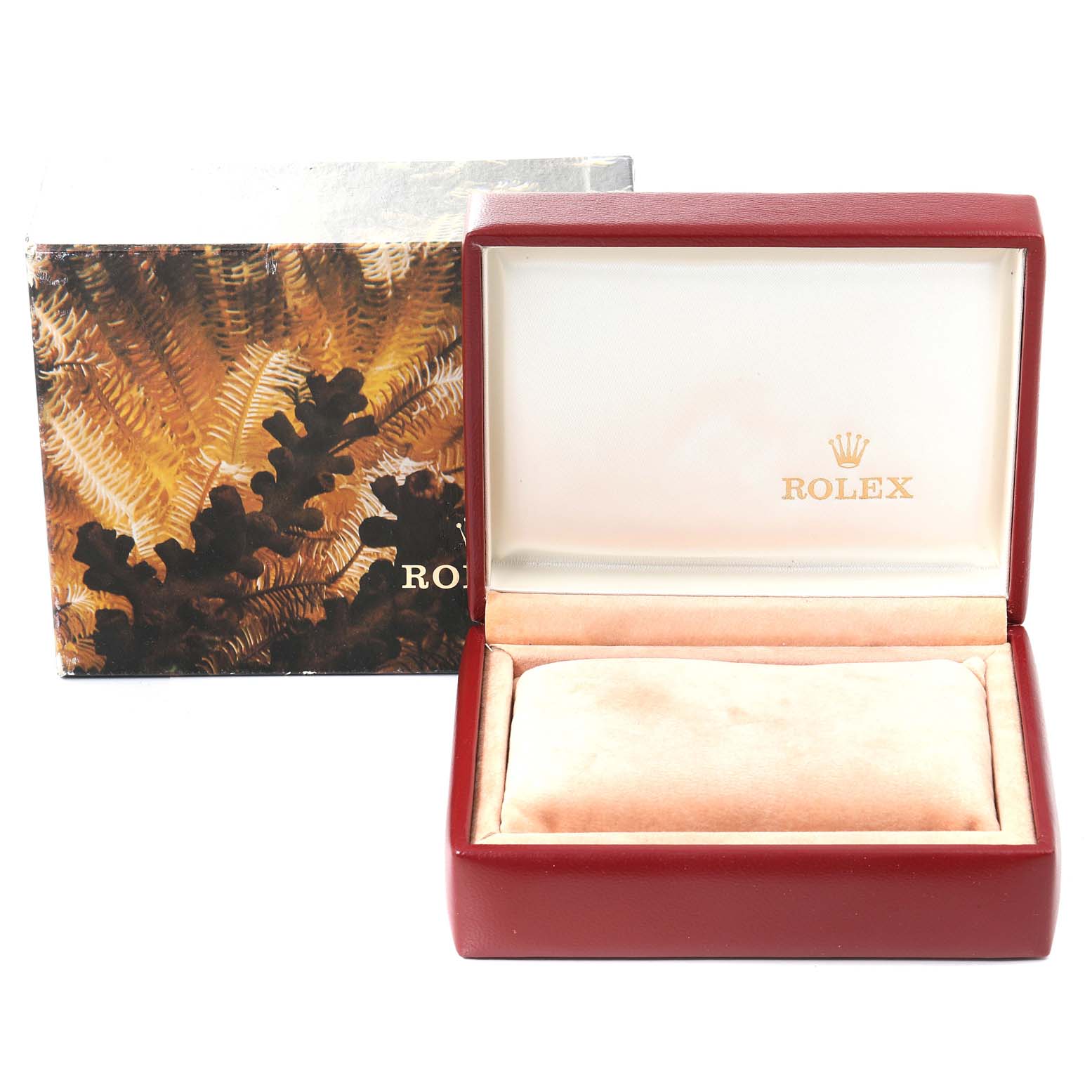 This image shows an open, empty Rolex President 69178 Women's Yellow Gold Silver Dial 69178 Women's Yellow Gold Silver Dial watch box with the lid displaying the Rolex logo and the outer packaging in the background.