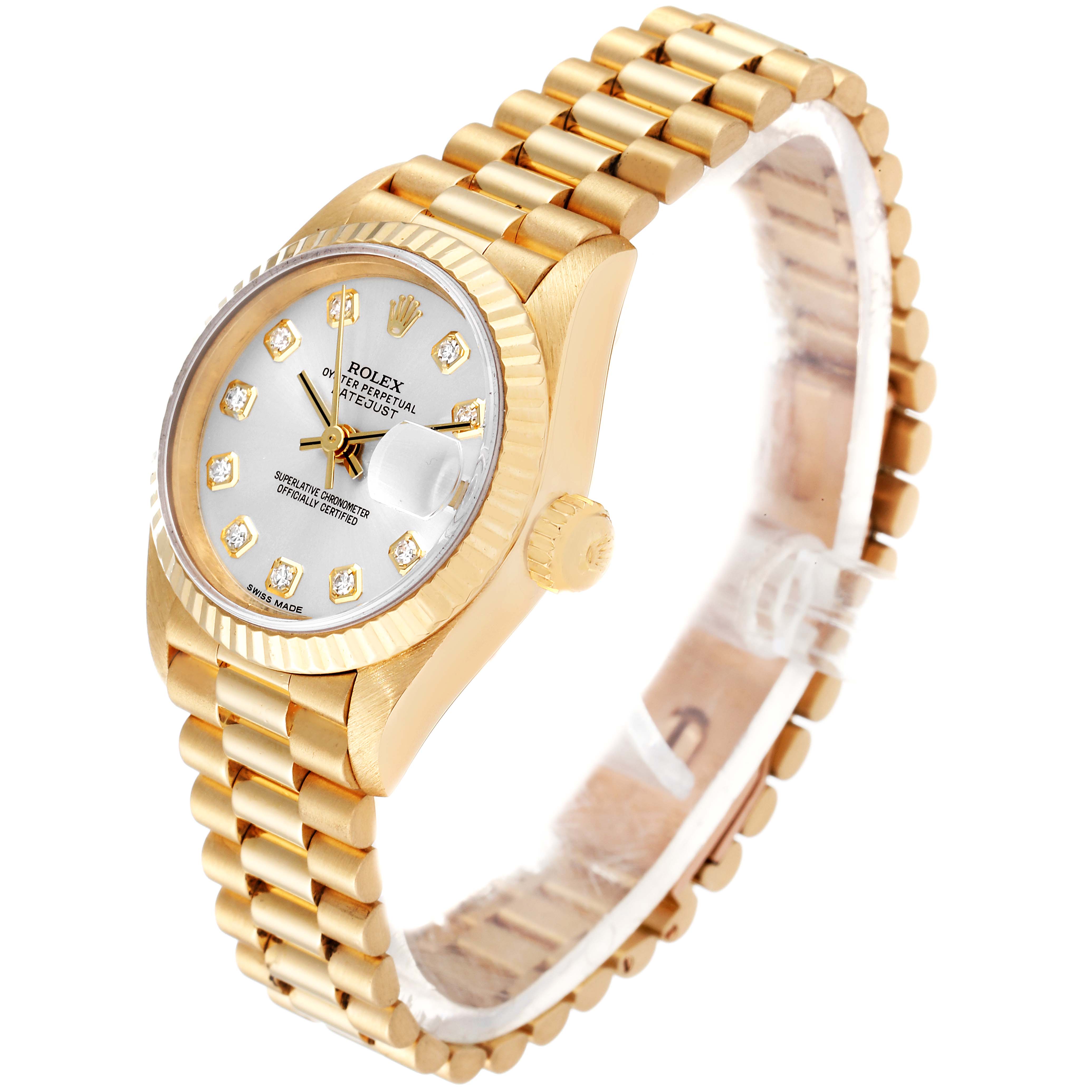 The Rolex President 69178 Women's Yellow Gold Silver Dial 69178 Women's Yellow Gold Silver Dial model watch is shown at an angle displaying the gold case, bracelet, dial, hands, and date magnifier.