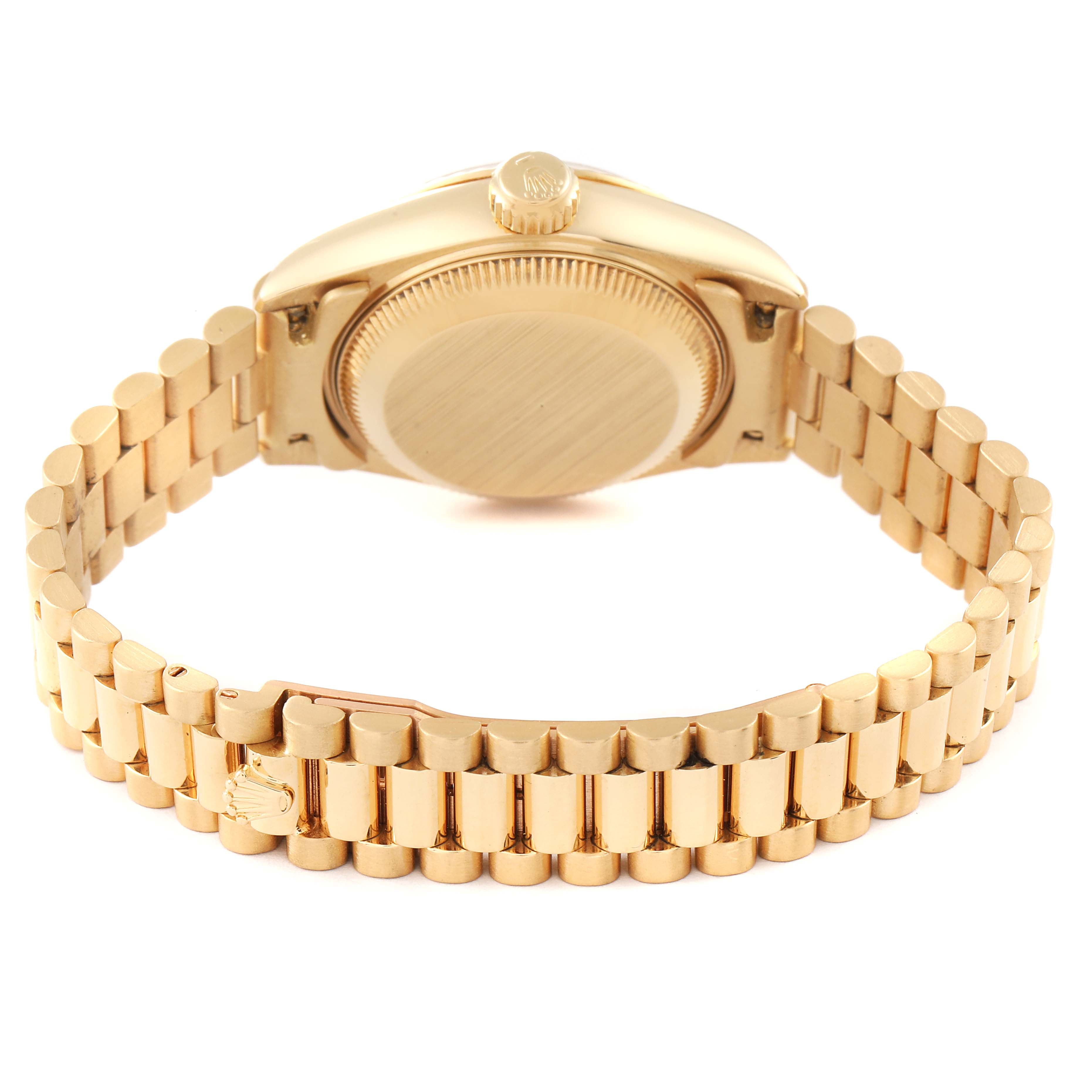 The image shows the back case and bracelet of a Rolex President 69178 Women's Yellow Gold Silver Dial 69178 Women's Yellow Gold Silver Dial model, viewed from behind.