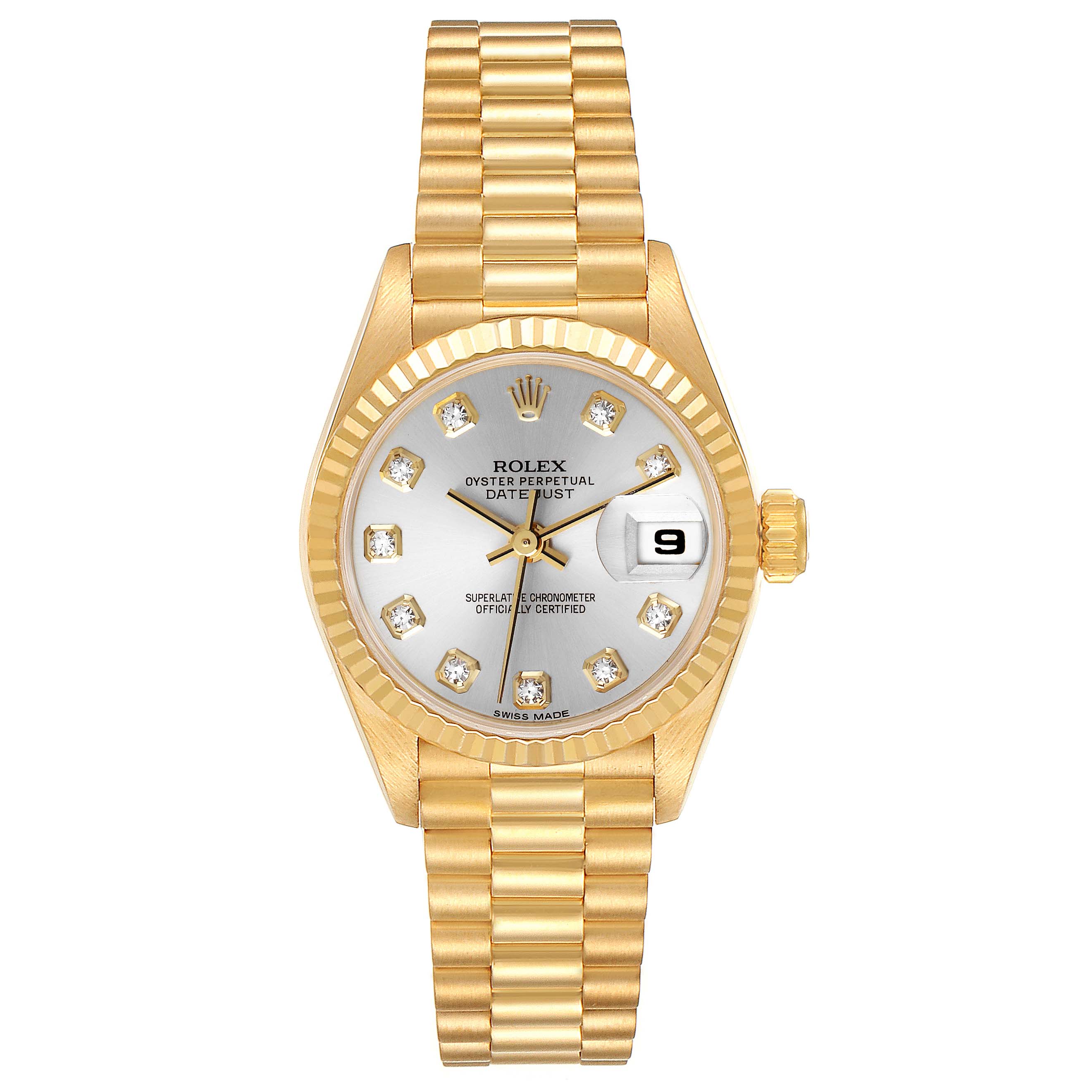 The Rolex President 69178 Women's Yellow Gold Silver Dial 69178 Women's Yellow Gold Silver Dial watch is shown from the front, displaying the dial, bezel, and bracelet.