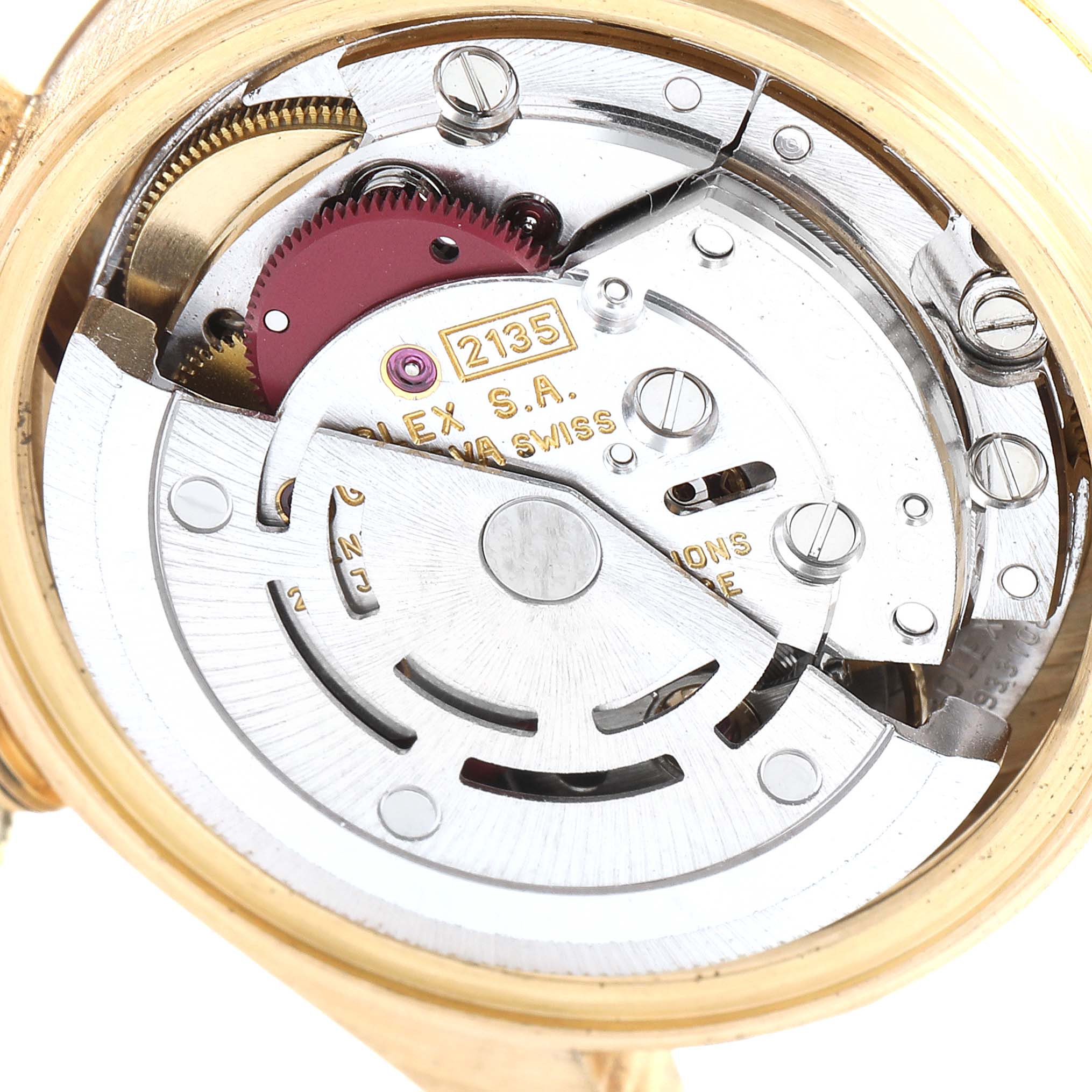 The image shows the internal mechanical movement of a Rolex President 69178 Women's Yellow Gold Silver Dial 69178 Women's Yellow Gold Silver Dial model watch from the back angle.