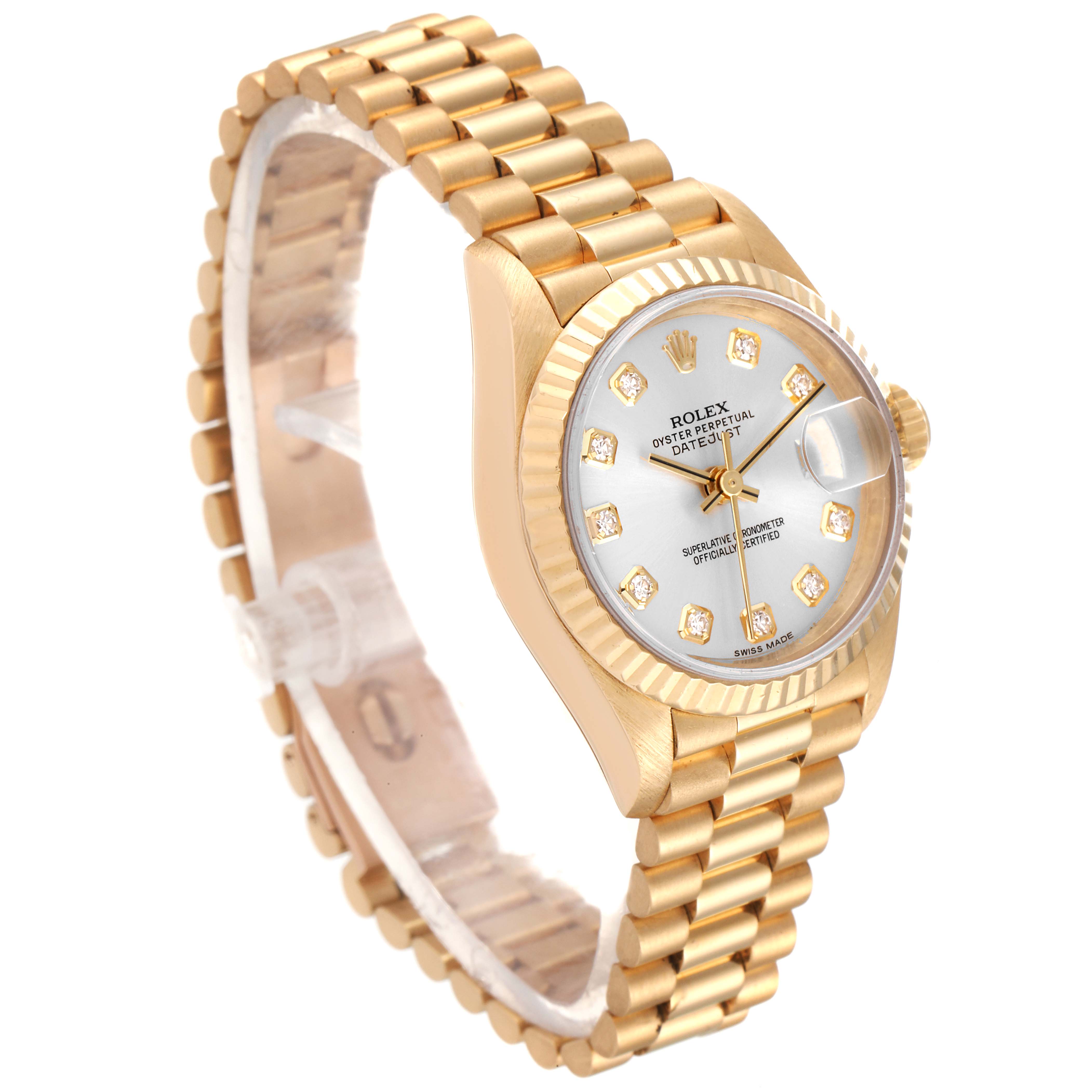 This image shows a side-angle view of a Rolex President 69178 Women's Yellow Gold Silver Dial 69178 Women's Yellow Gold Silver Dial watch, highlighting the gold bracelet, case, and diamond-accented dial.