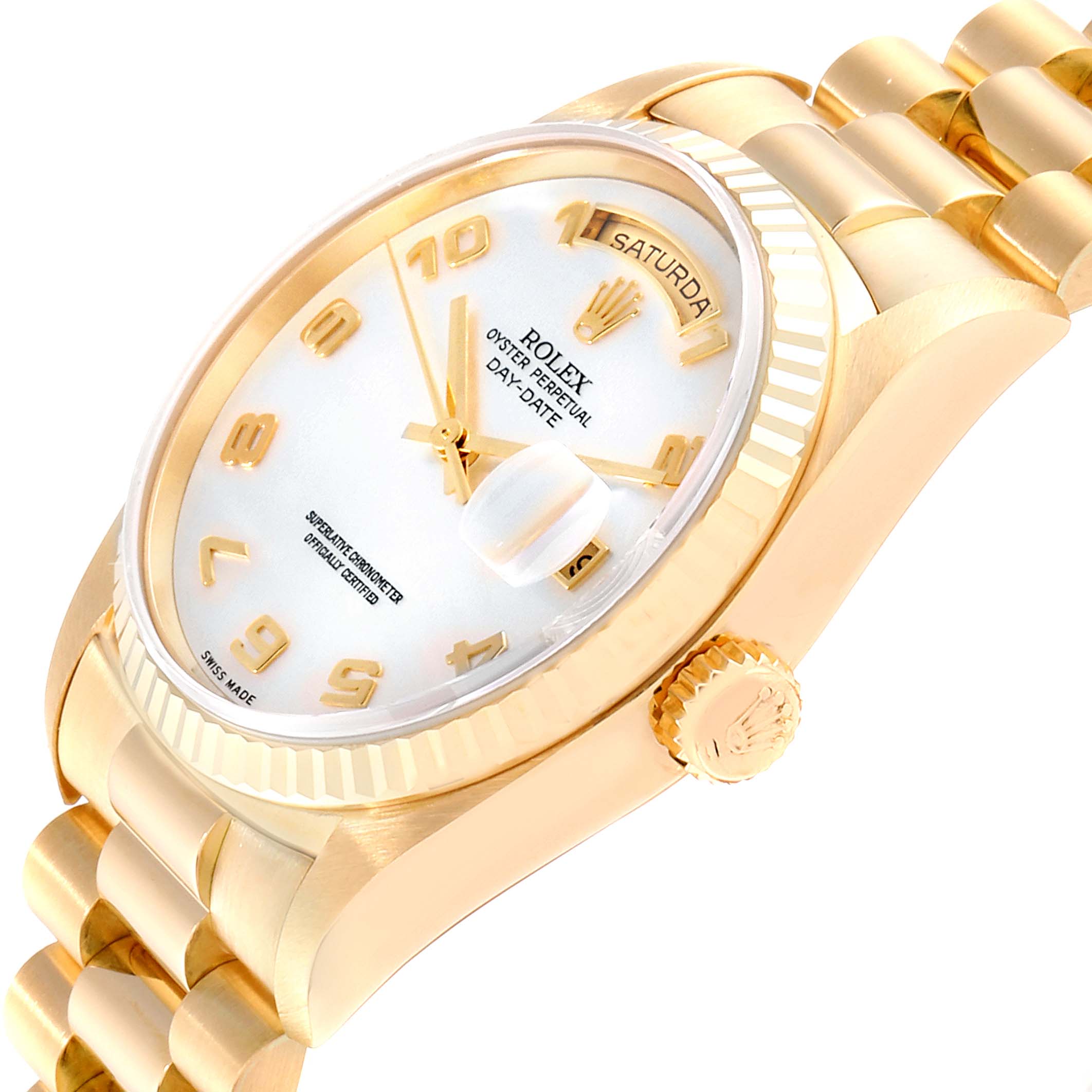 This image shows a Rolex President 18238 Men's Yellow Gold Mother of Pearl Dial 18238 Men's Yellow Gold Mother of Pearl Dial model watch at an angled close-up, highlighting its dial, crown, fluted bezel, and bracelet.
