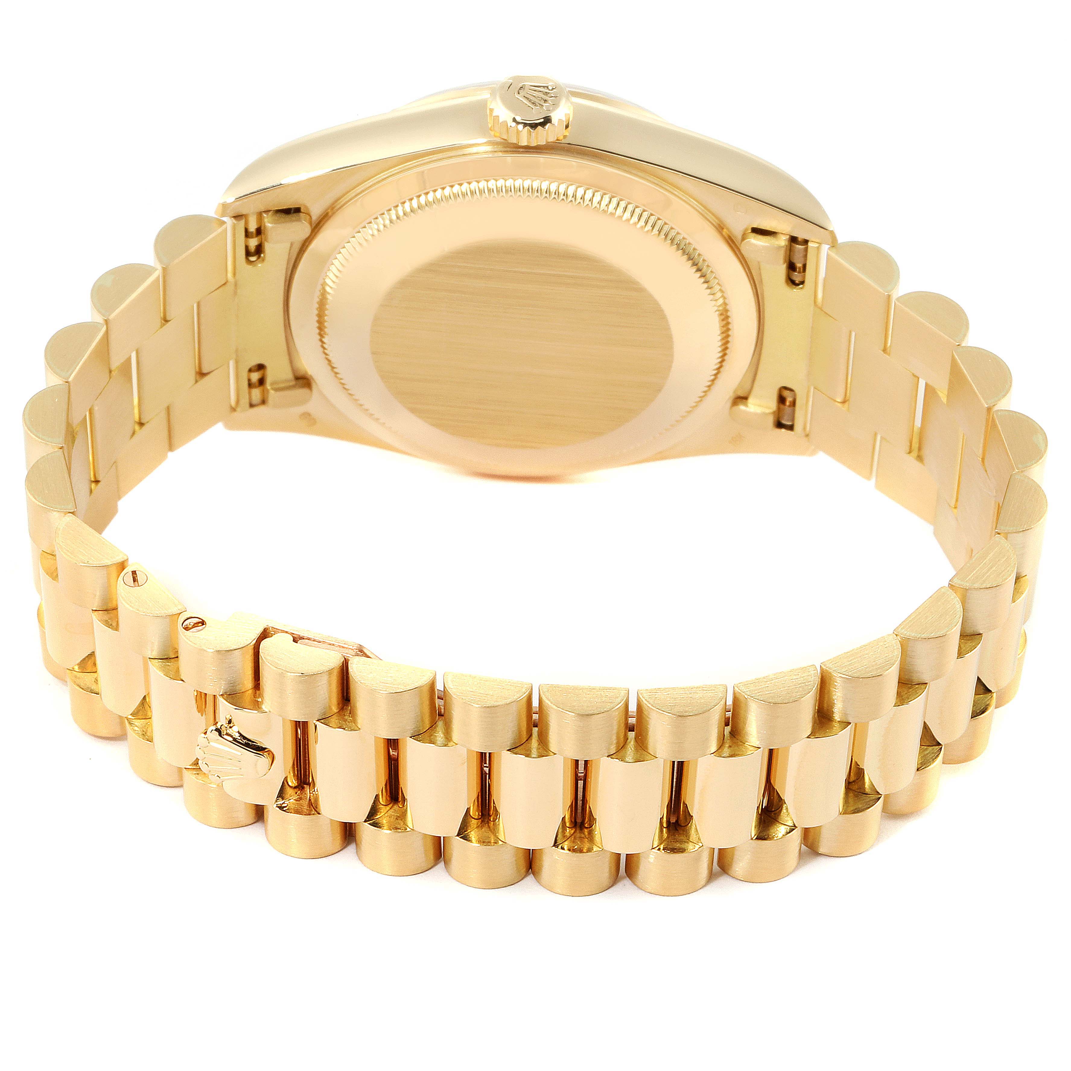 This image shows the back and bracelet of a Rolex President 18238 Men's Yellow Gold Mother of Pearl Dial 18238 Men's Yellow Gold Mother of Pearl Dial model watch, highlighting the caseback and gold links.