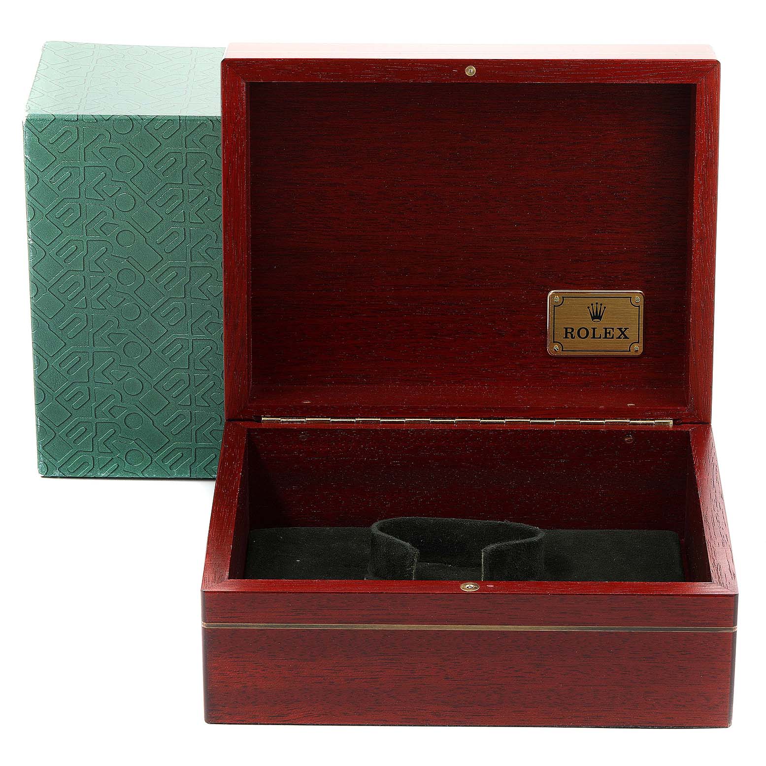 This image shows an open, dark red wooden display box with the brand "Rolex" engraved inside, meant for a Rolex President 18238 Men's Yellow Gold Mother of Pearl Dial 18238 Men's Yellow Gold Mother of Pearl Dial model watch.